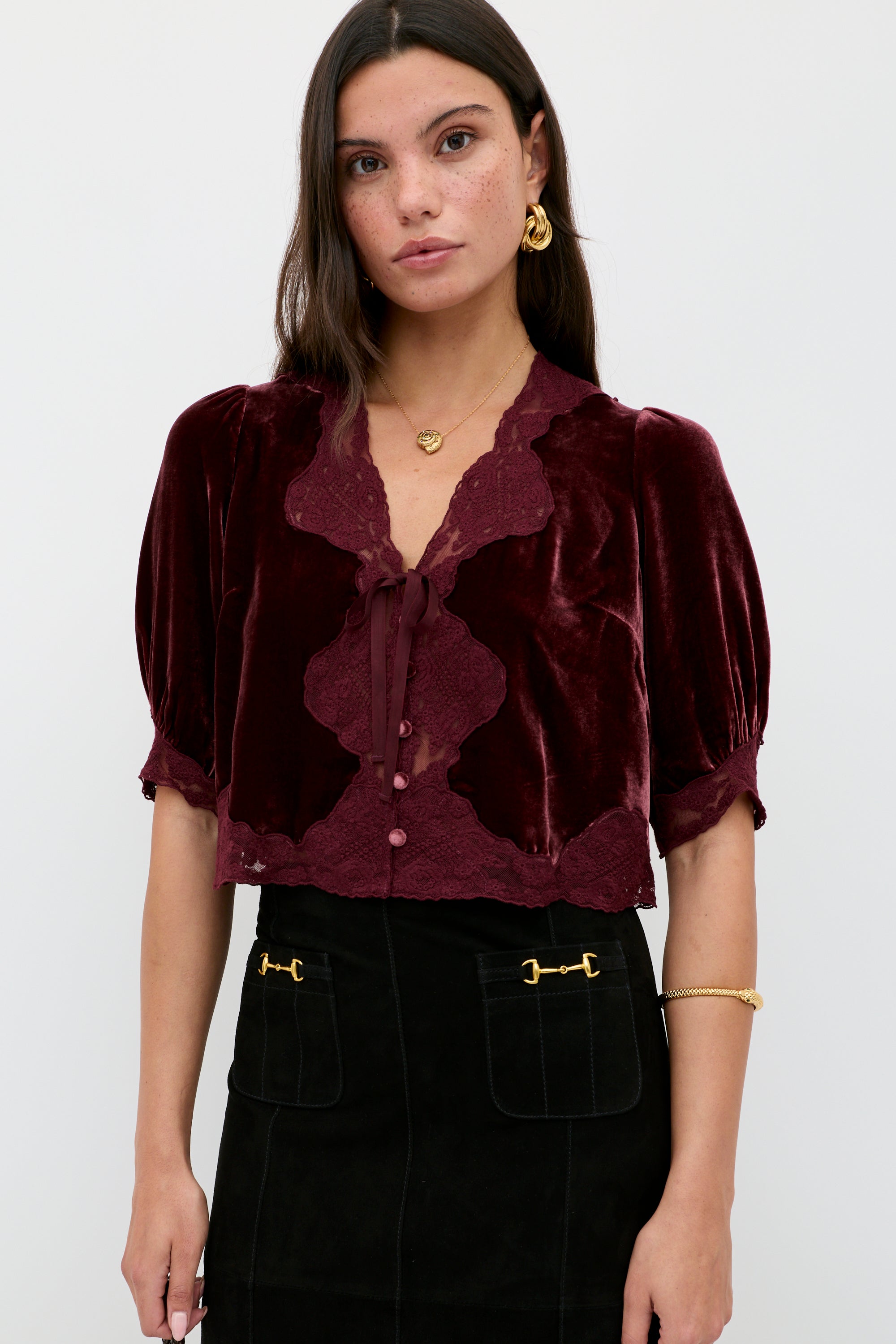 Ursula Silk-Velvet Top in Burgundy Bordeaux | RIXO USA ⋆