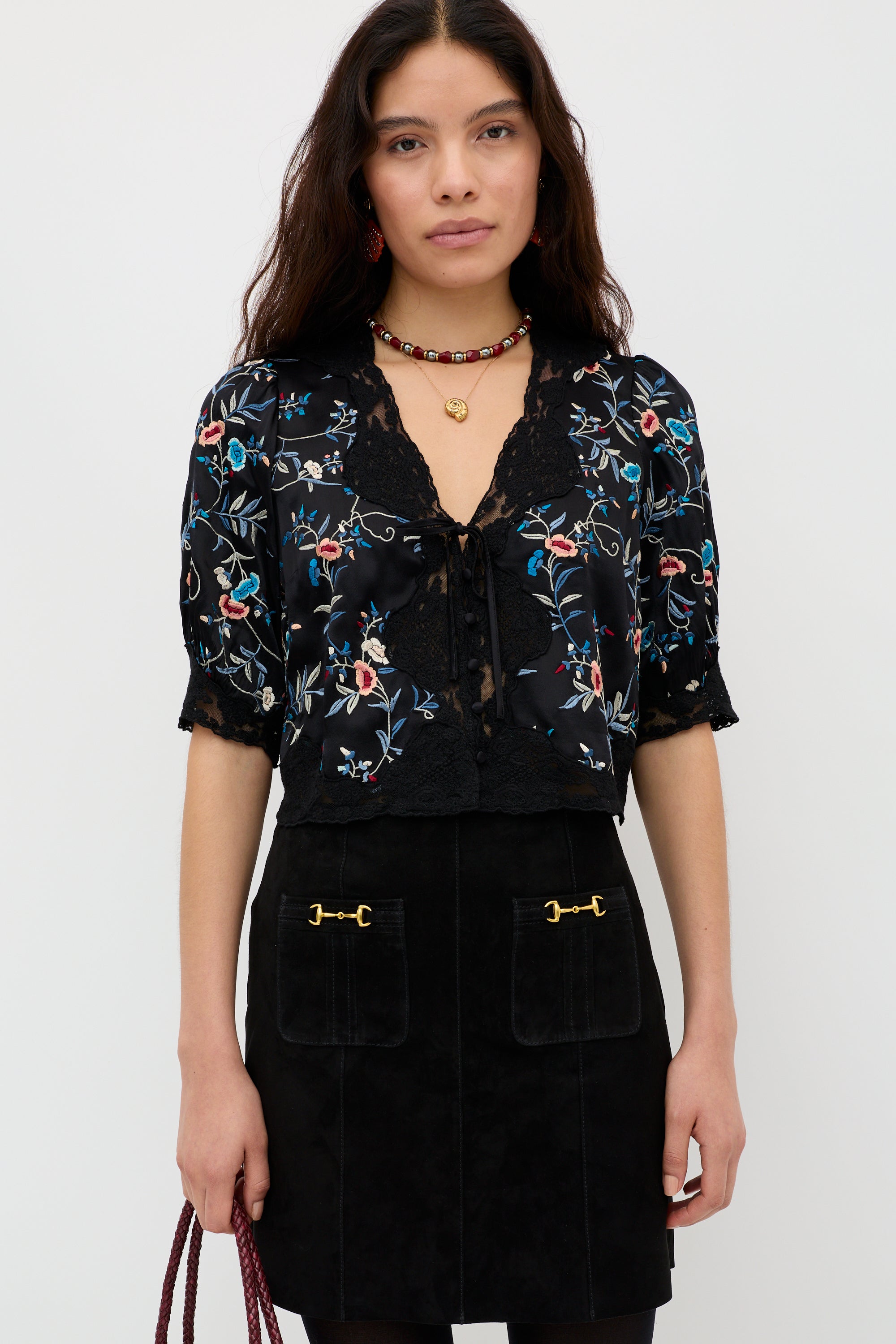 Ursula Embroidered Satin Top in Botanical Embroidery Black | RIXO