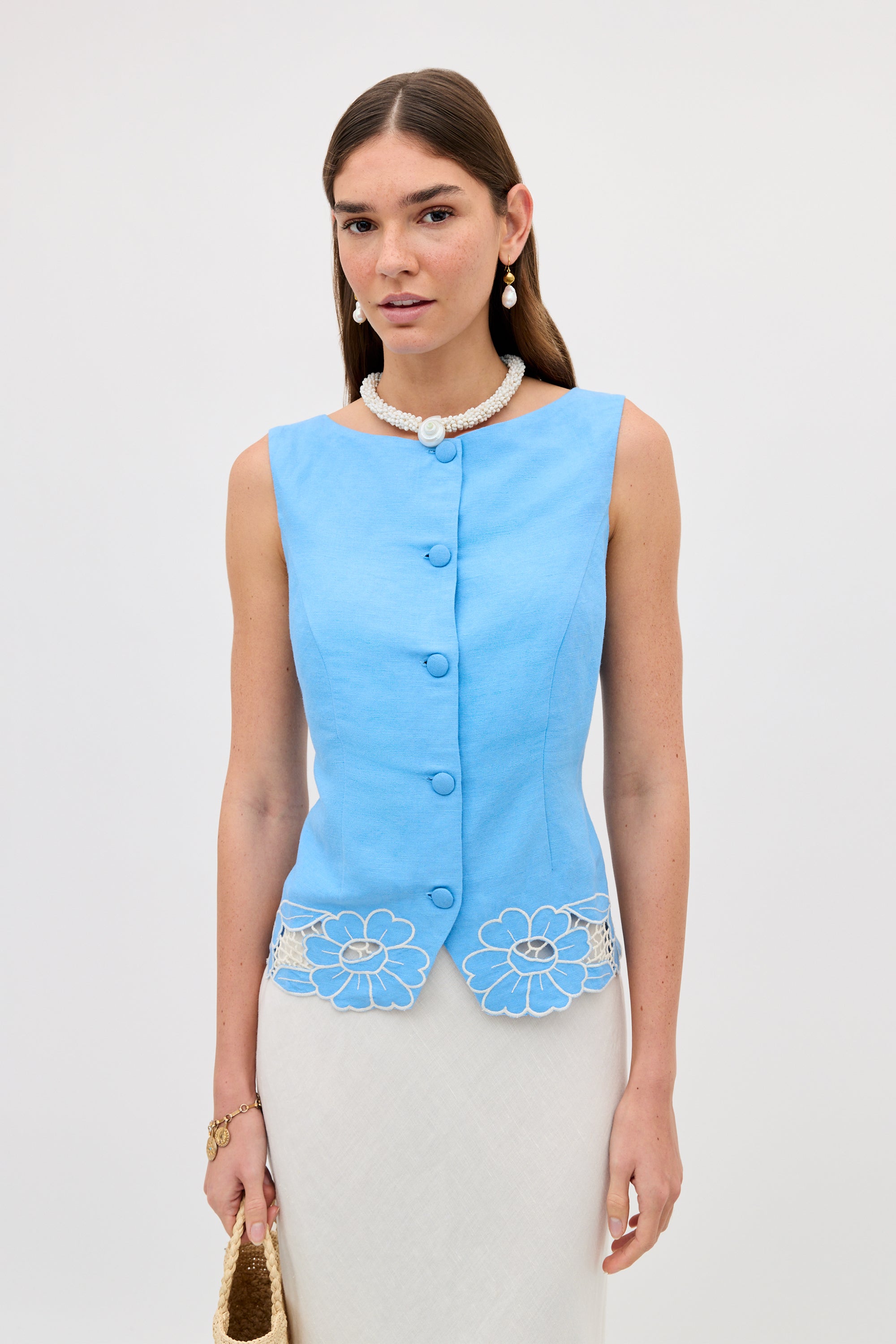Lucca Embroidered Linen Blend Top in Daisy Cutwork Embroidery Blue