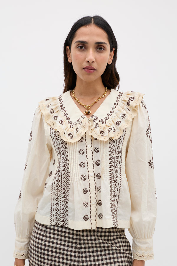 percy lace maxi dress Percy Cotton Blouse in Cream Mila Embroidery Brown