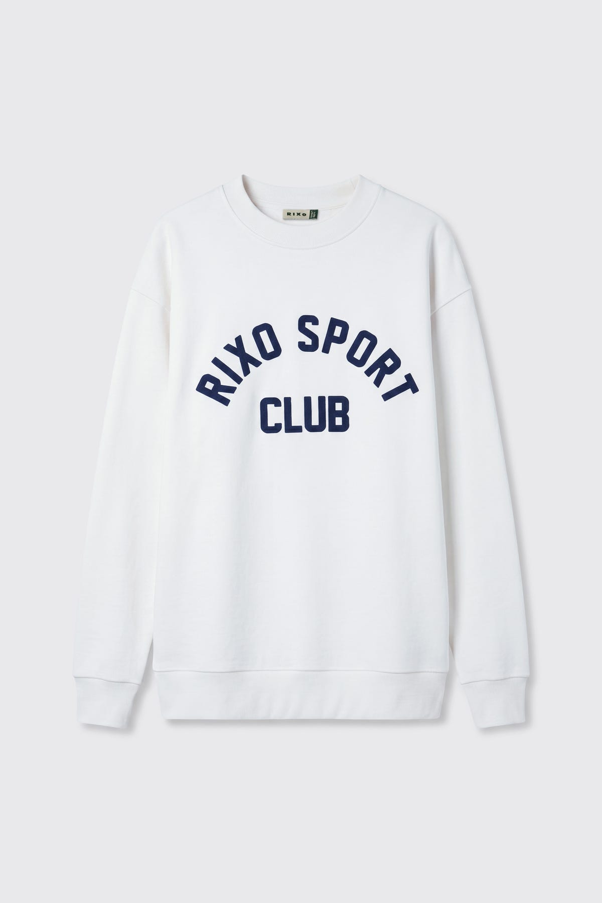Blaze - Rixo Sport Club White, a white sweatshirt featuring large navy blue “RIXO SPORT CLUB” lettering across the front, displayed on a plain light background.