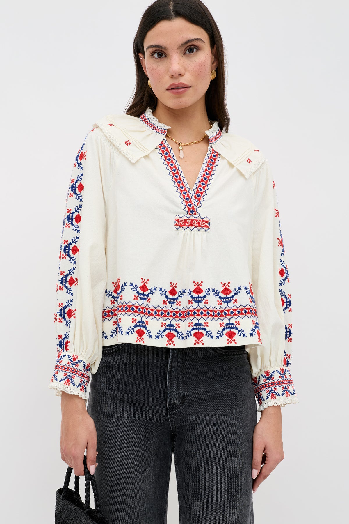 Brisella Embroidered Cotton Top in White Gea Geo Embroidery Cream 