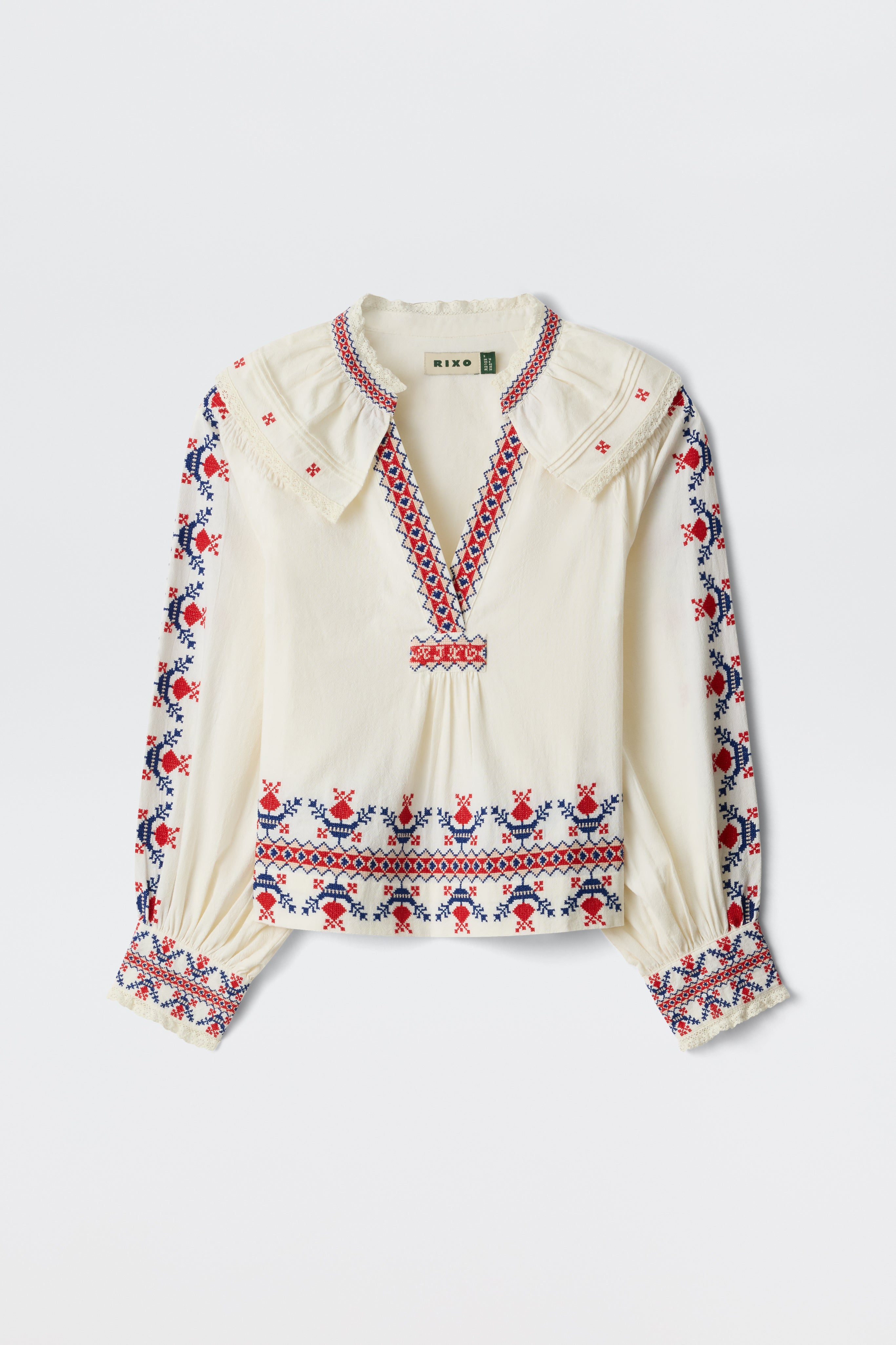 Brisella Cotton Blouse in White Gea Geo Embroidery Cream | RIXO