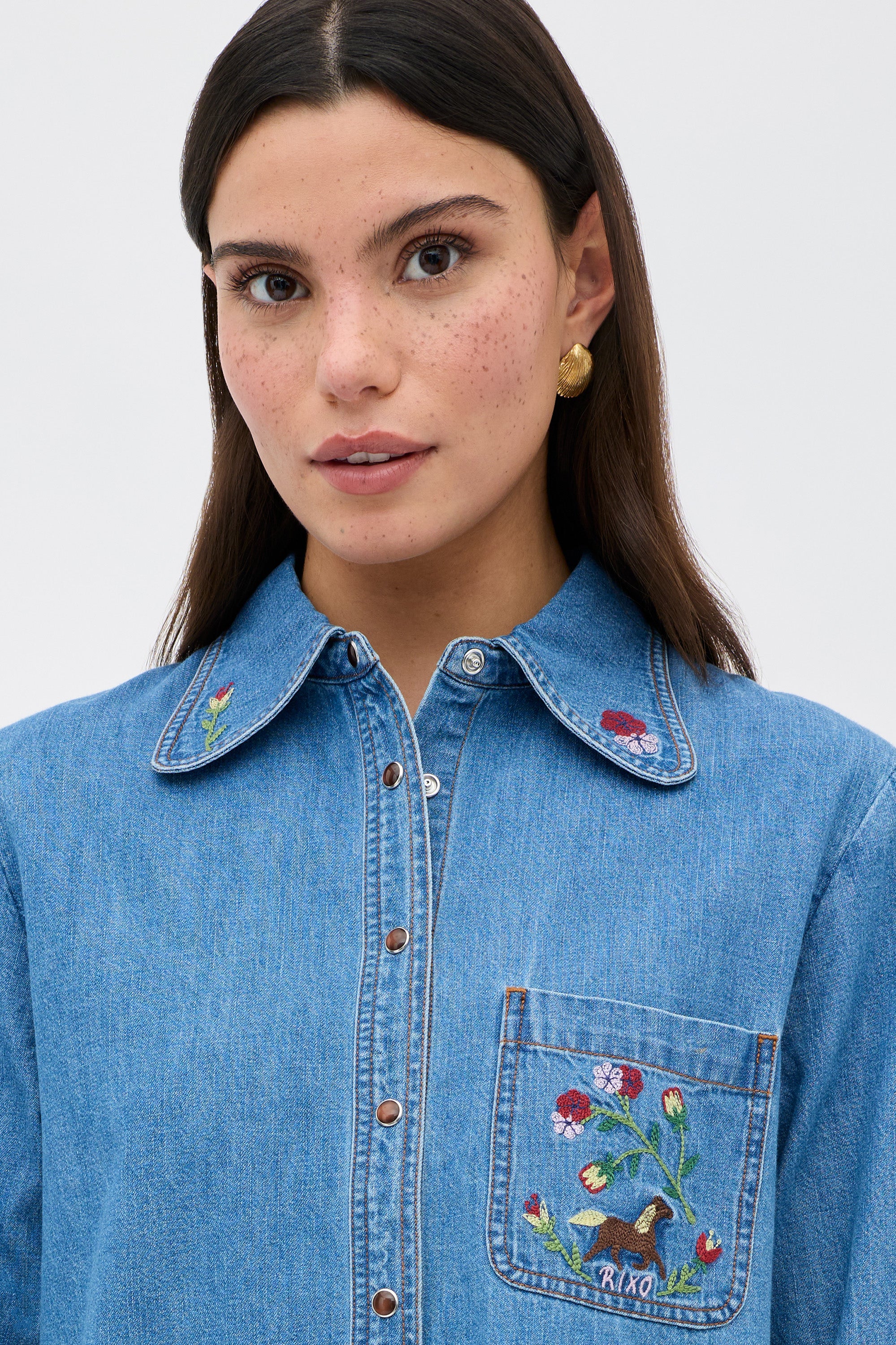 Edaline Embroidered Cotton Chambray Shirt in Blue Sadie Embroidery