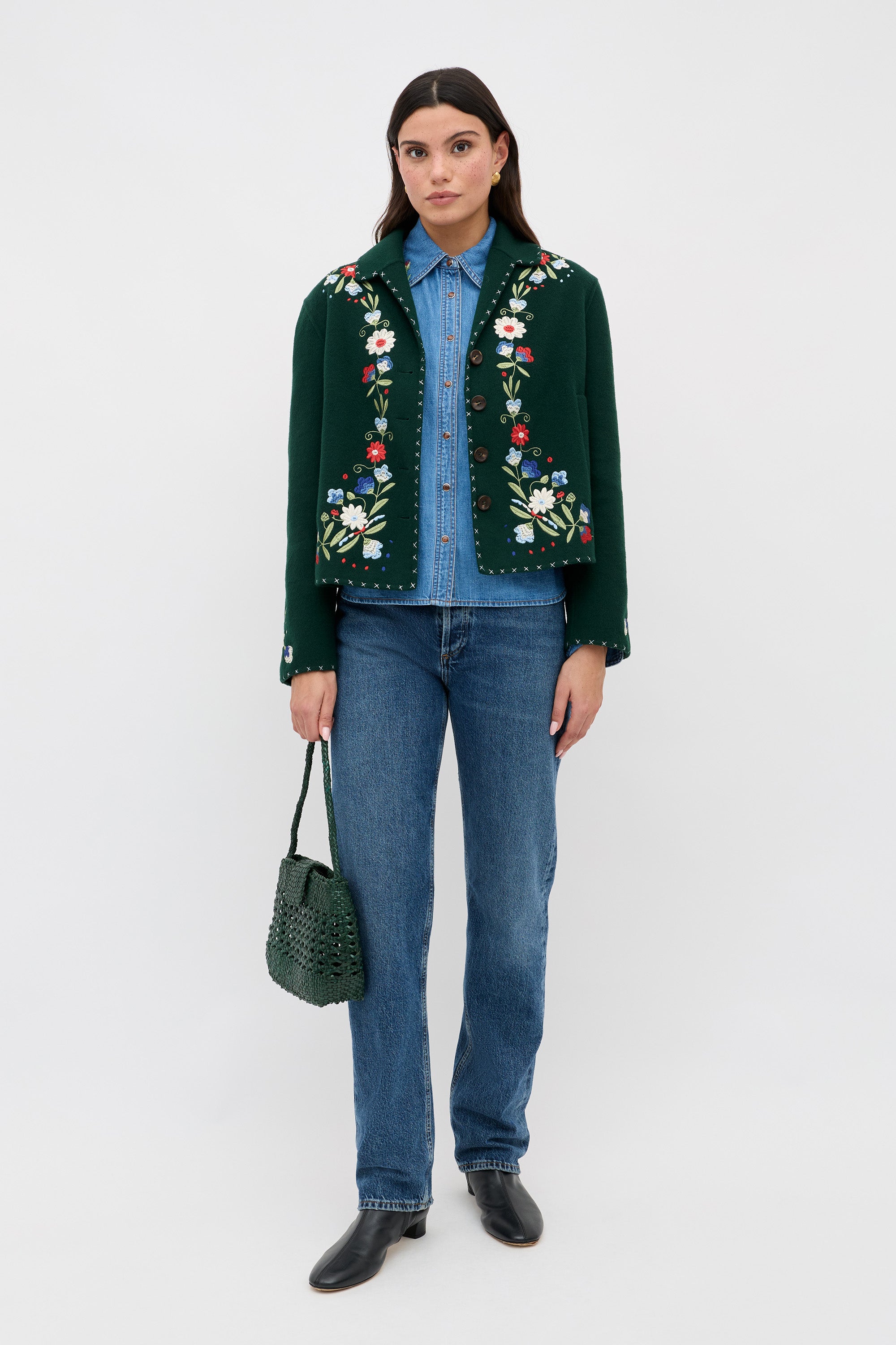 Edaline Embroidered Cotton Chambray Shirt in Blue Sadie Embroidery