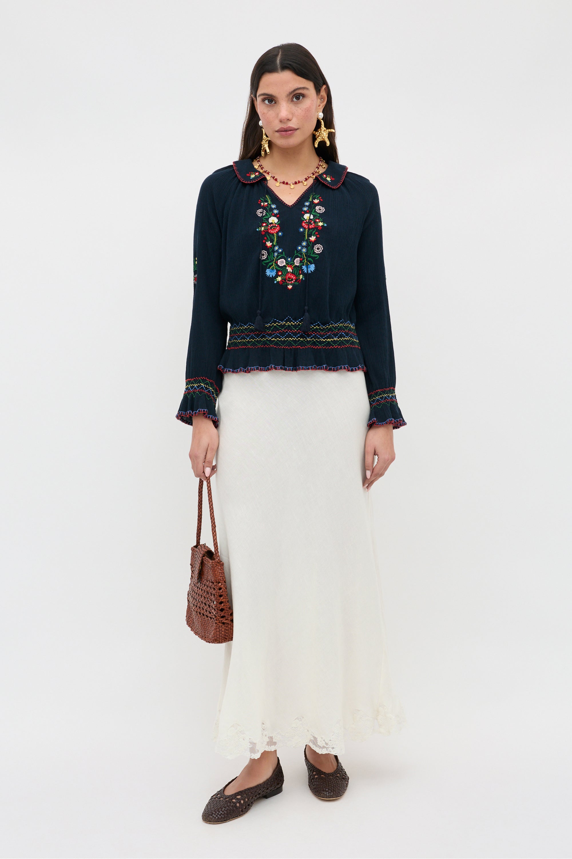 Sofira Embroidered Georgette Blouse in Petunia Embroidery Navy