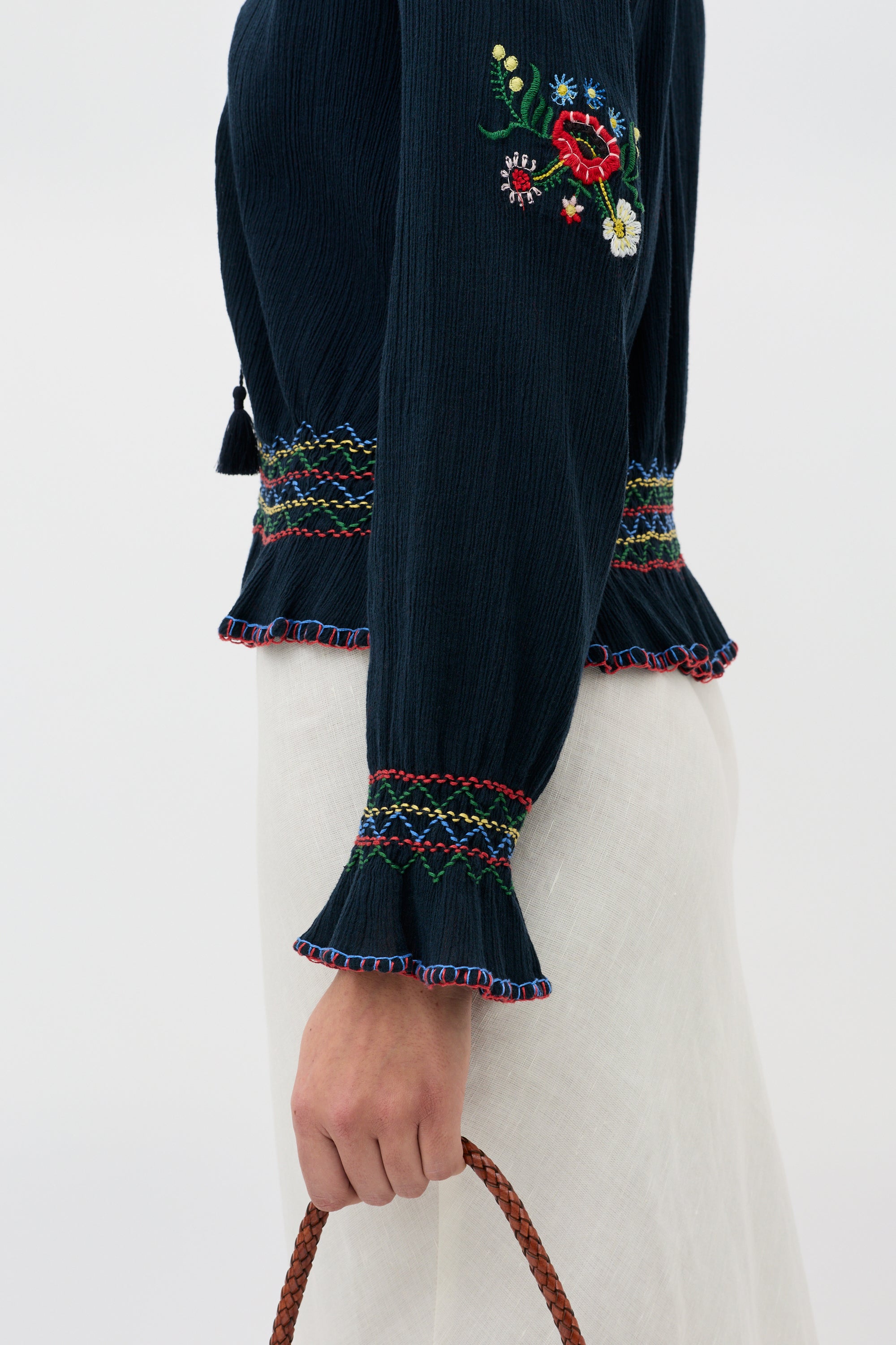 Sofira Embroidered Georgette Blouse in Petunia Embroidery Navy