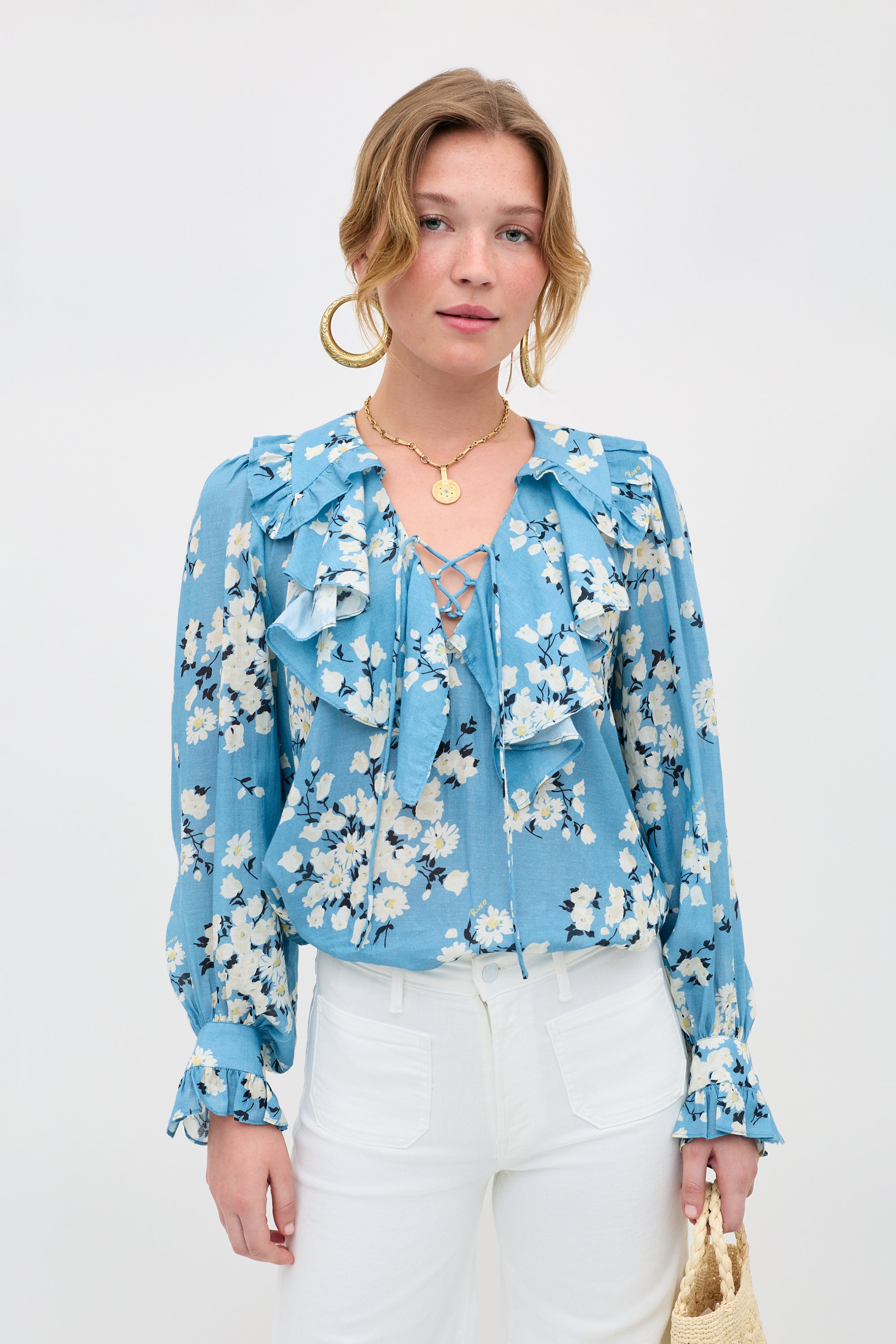 Milia Cotton Blouse in Amelia Bouquet Blue | RIXO USA ⋆