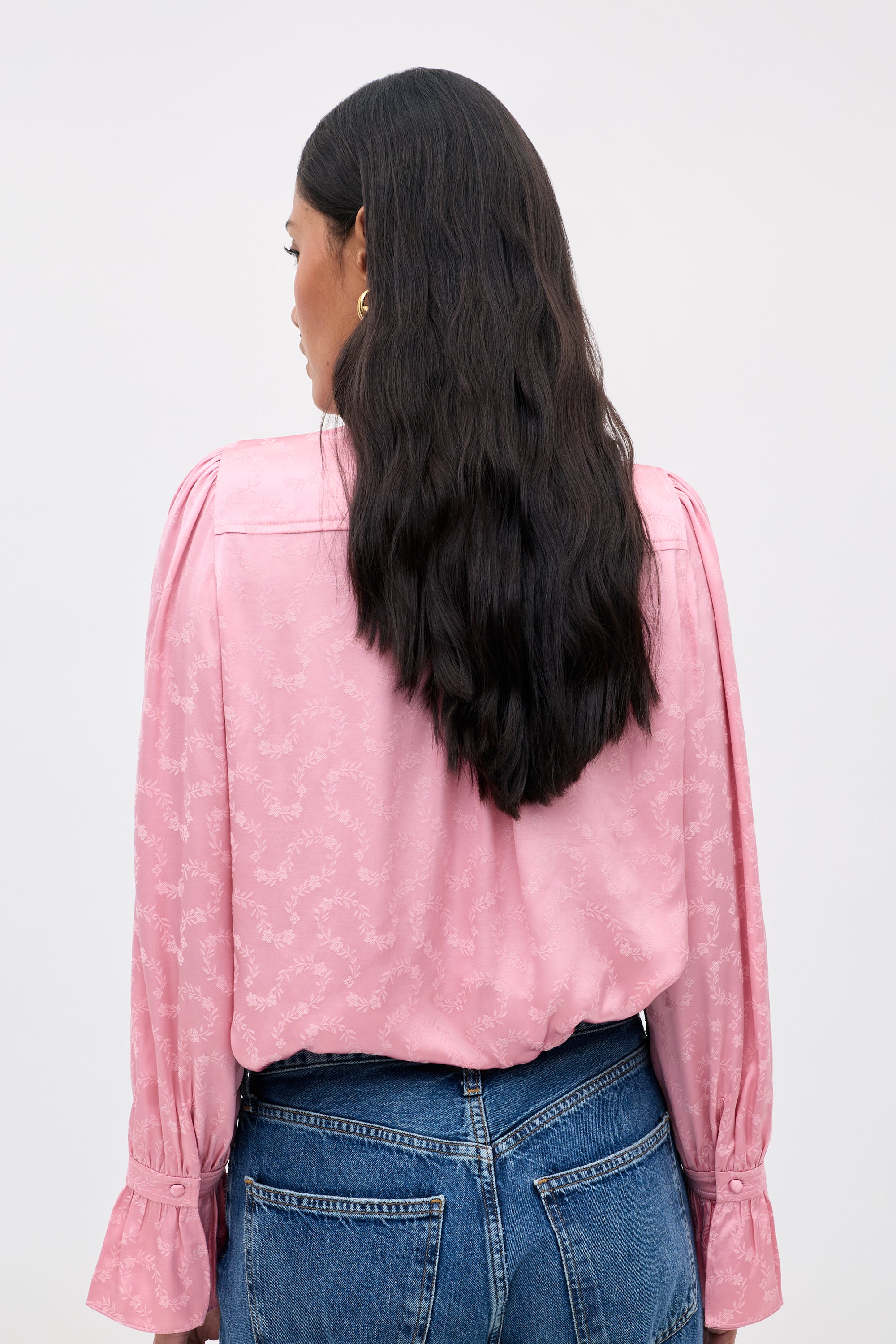 Evanora Satin Jacquard Blouse in Floral Trail Jacquard Pink | RIXO