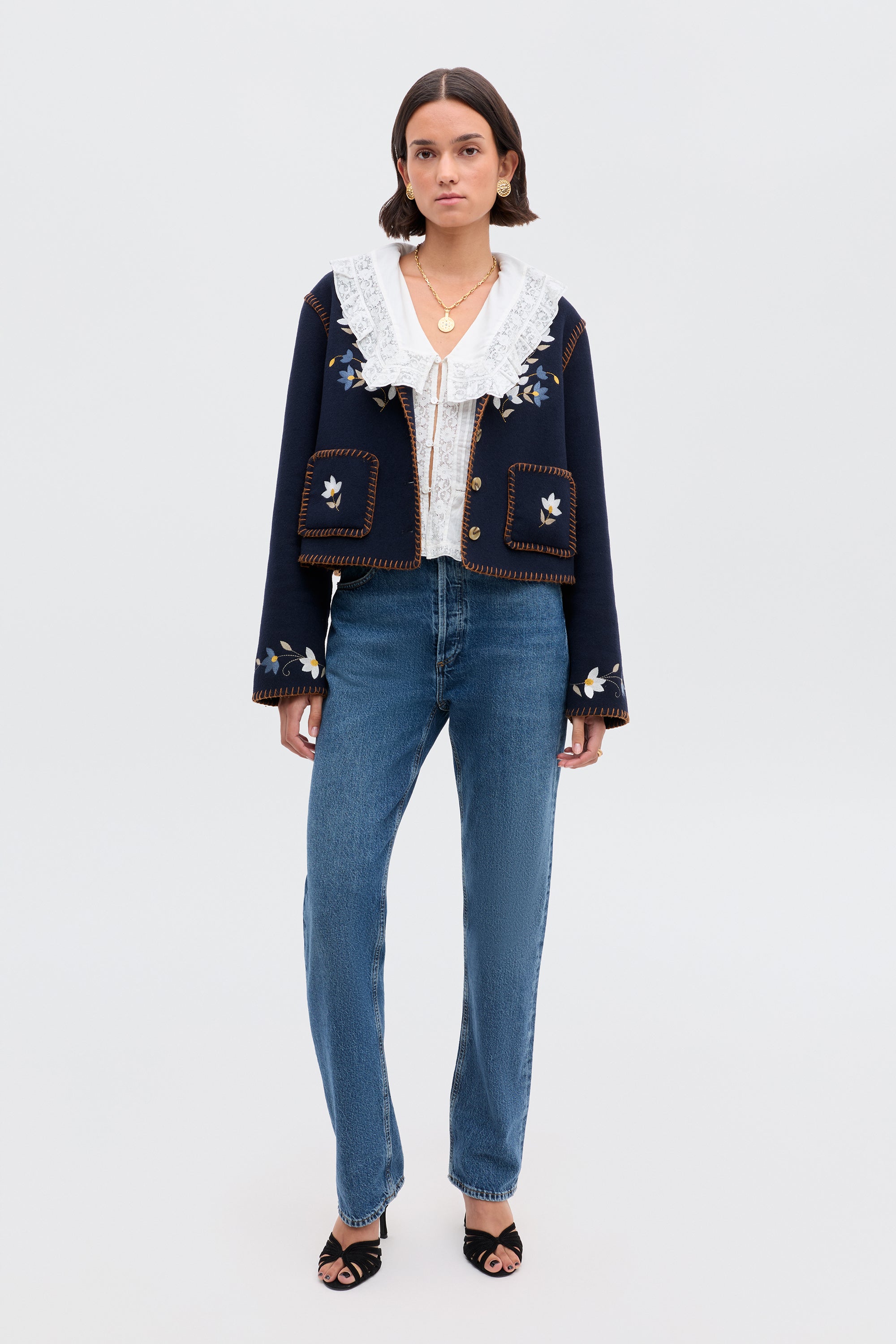 Sunday Embroidered Jacket in Petal Embroidery Navy