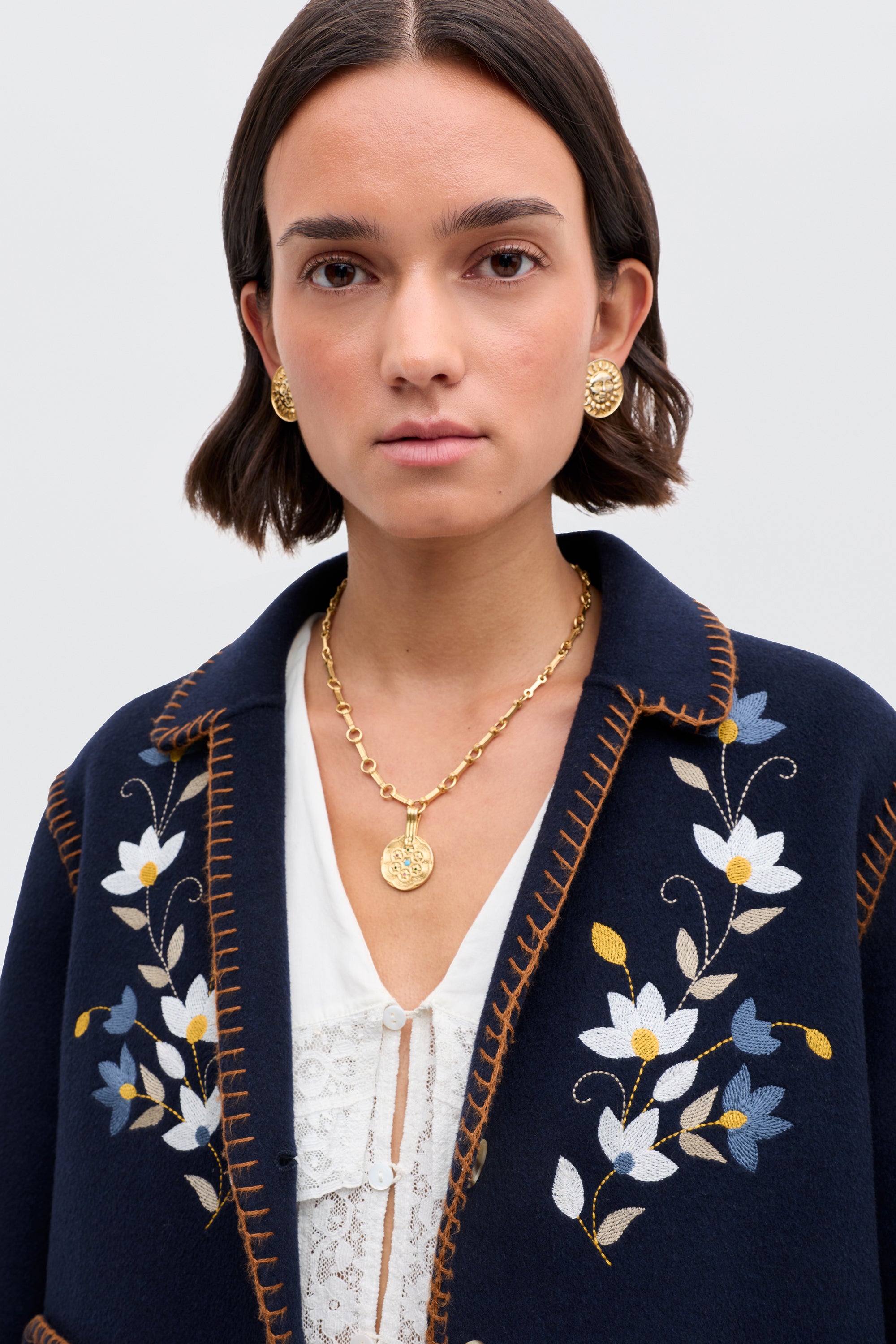 Sunday Jacket Sunday Embroidered Wool Jacket in Petal Embroidery Navy | RIXO ⋆