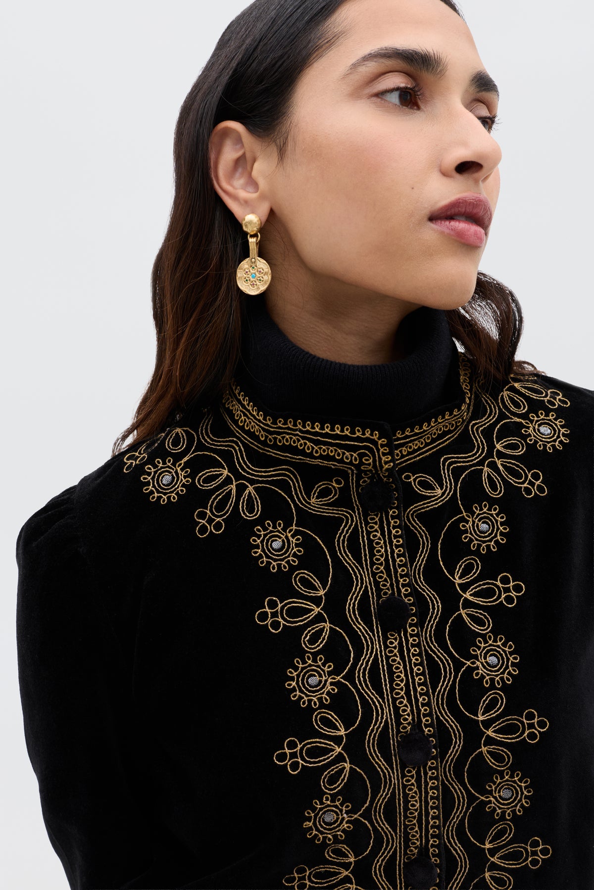 Denver Embroidered Cotton-Velvet Jacket in Black Soutache Embroidery | RIXO USA Denver Embroidered Cotton-Velvet Jacket in Black Soutache Embroidery | RIXO USA