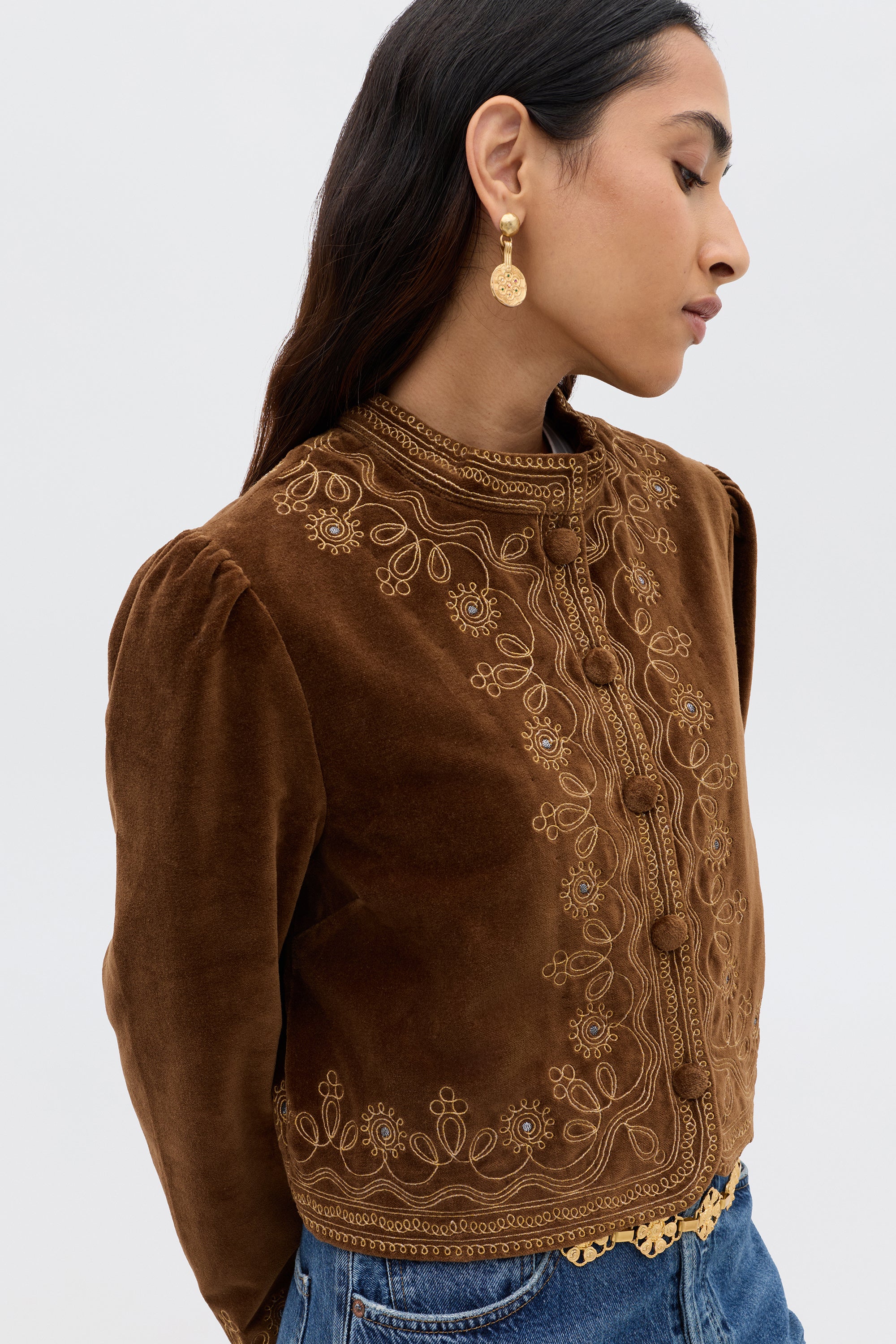 Denver Velvet Jacket in Brown Soutache Embroidery Bronze | RIXO USA ⋆