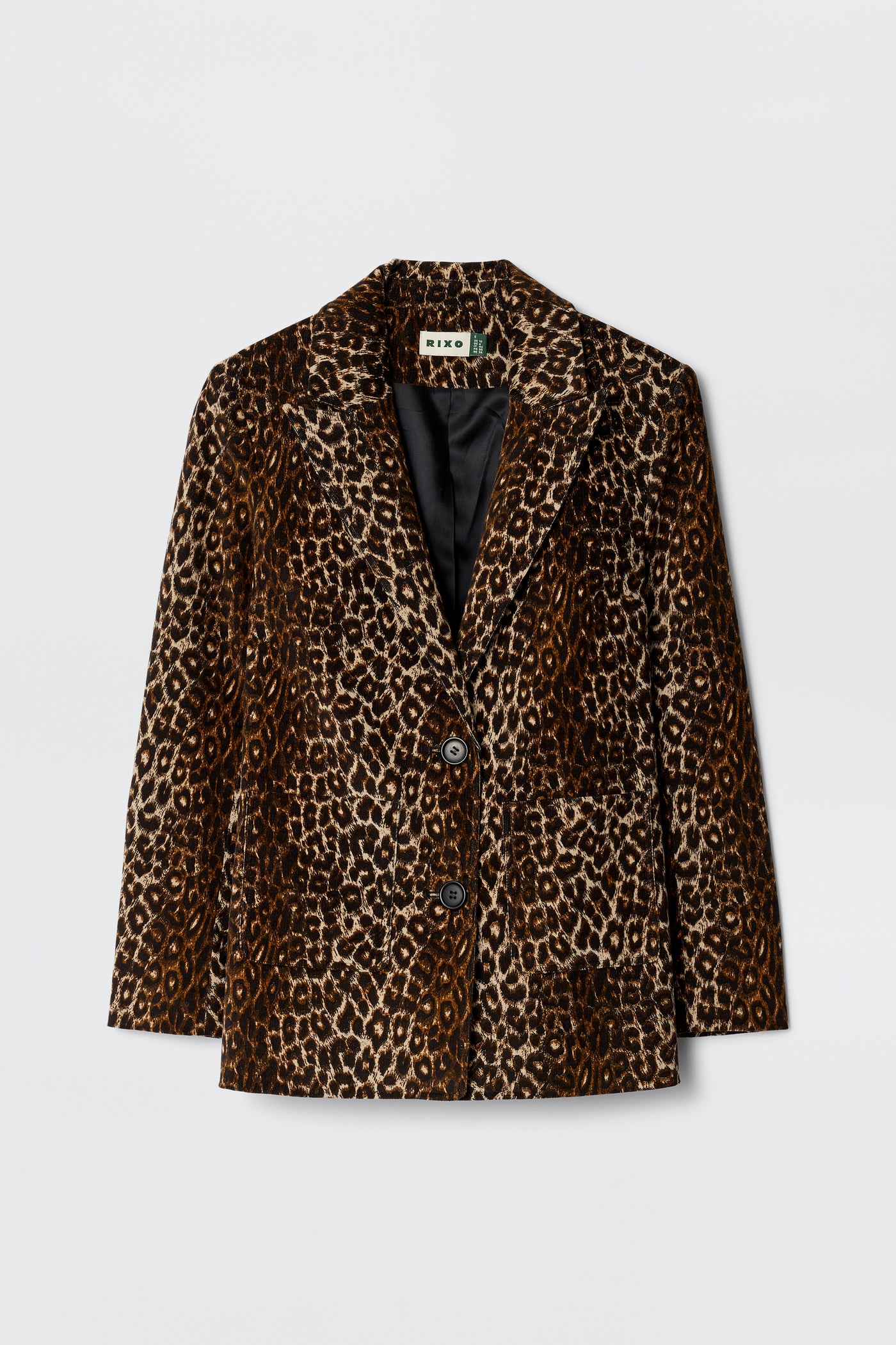 The Xander - Lyra Leopard Black is a vintage-inspired blazer featuring a notched collar, two front buttons, and two side pockets, shown against a plain light background.
