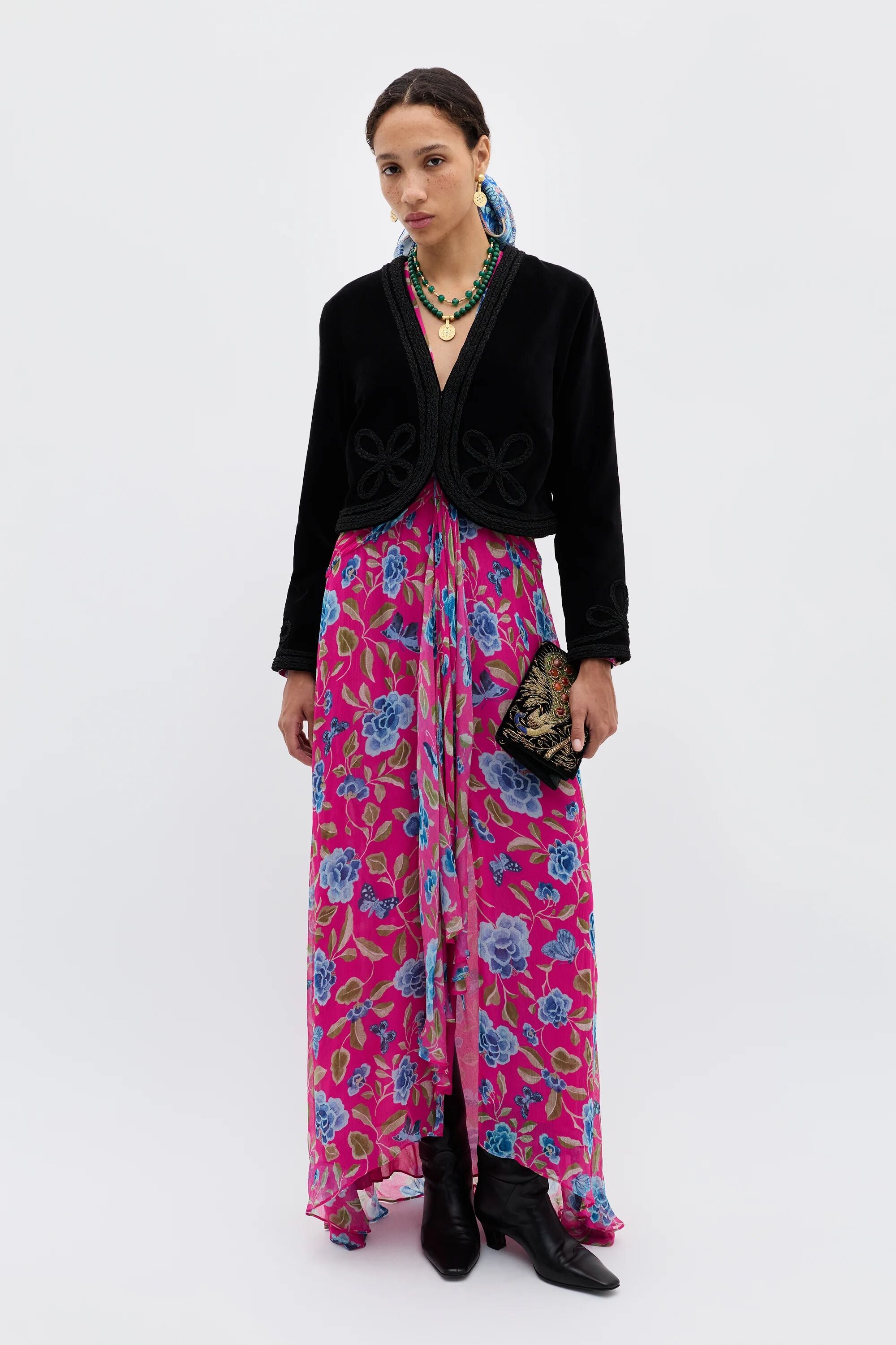 Kesia Velvet Jacket in Clover Appliqué Black | RIXO USA ⋆