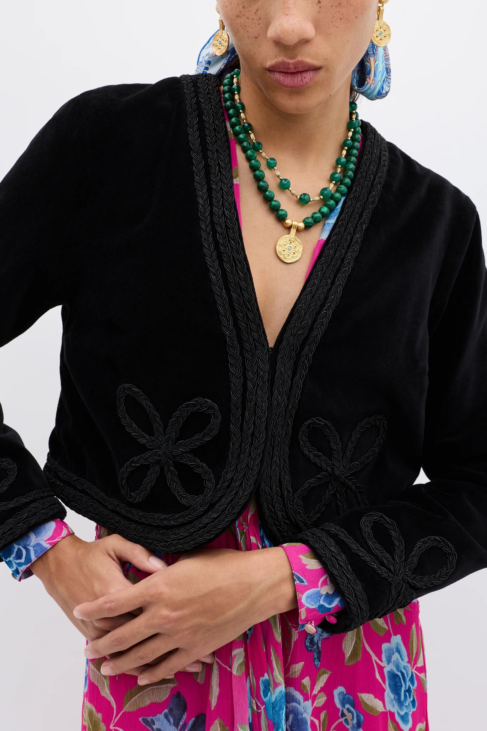 Kesia Velvet Jacket in Clover Appliqué Black | RIXO USA ⋆