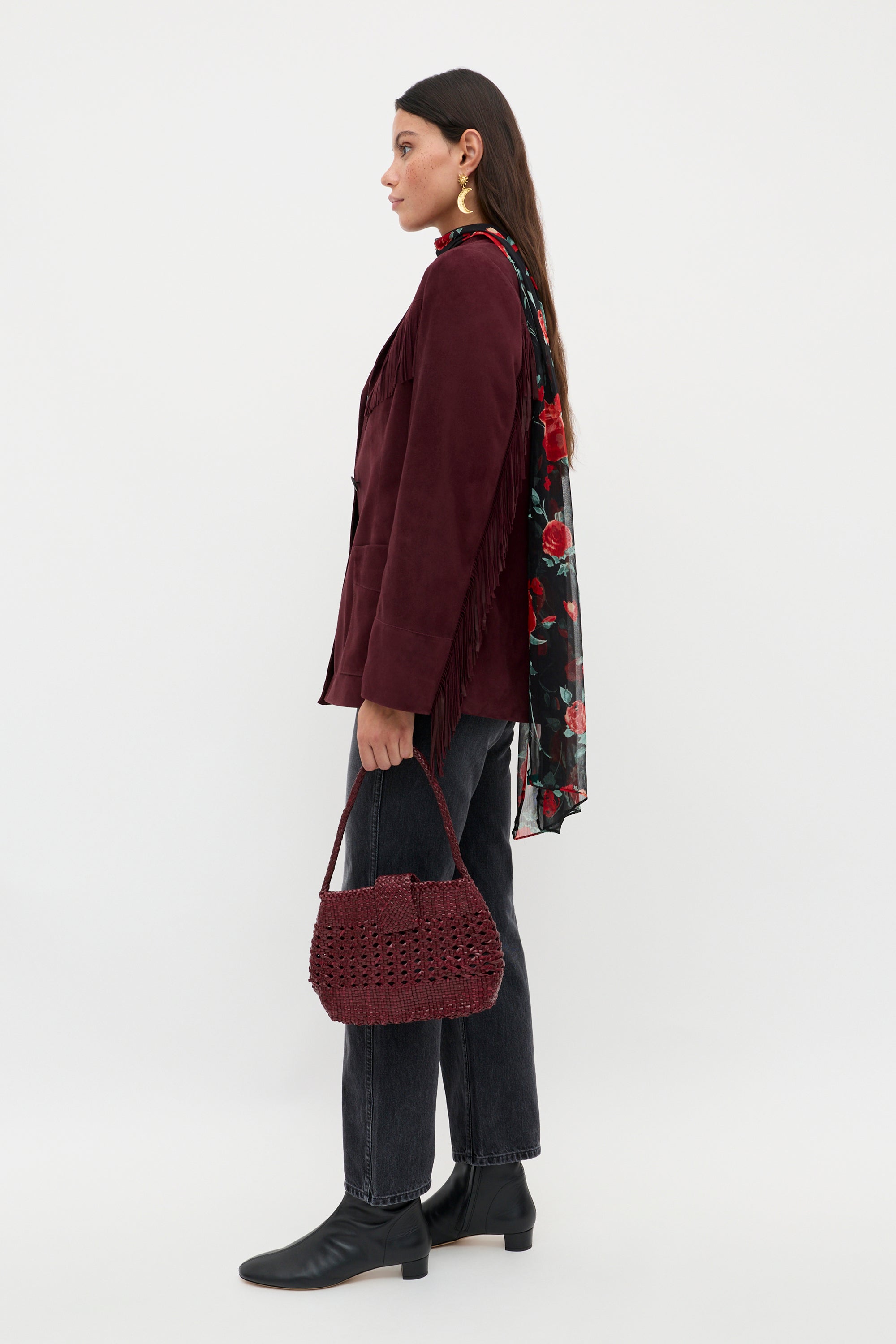 Teagan Fringed Suede Jacket in Burgundy Maroon | RIXO USA ⋆