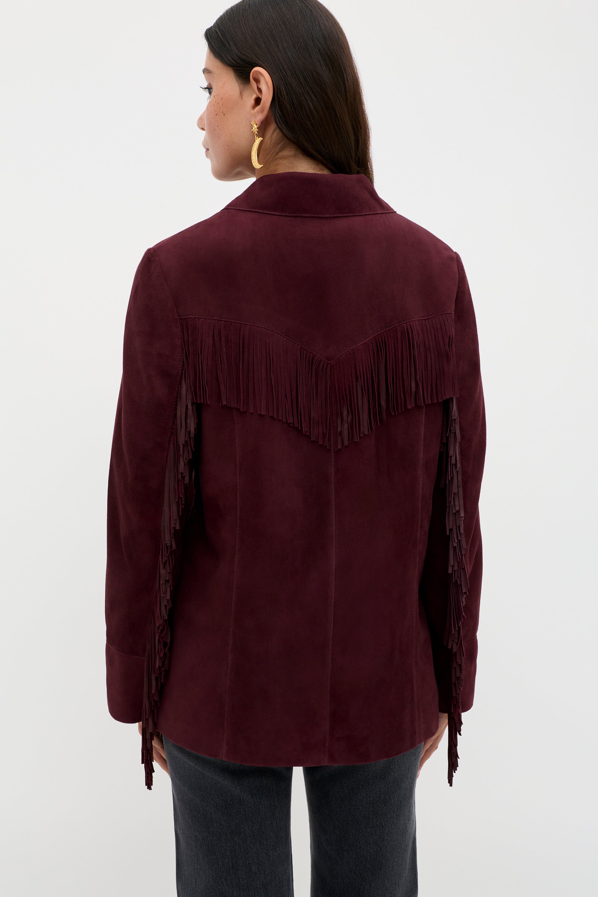 Teagan Fringed Suede Jacket in Burgundy Maroon | RIXO USA ⋆