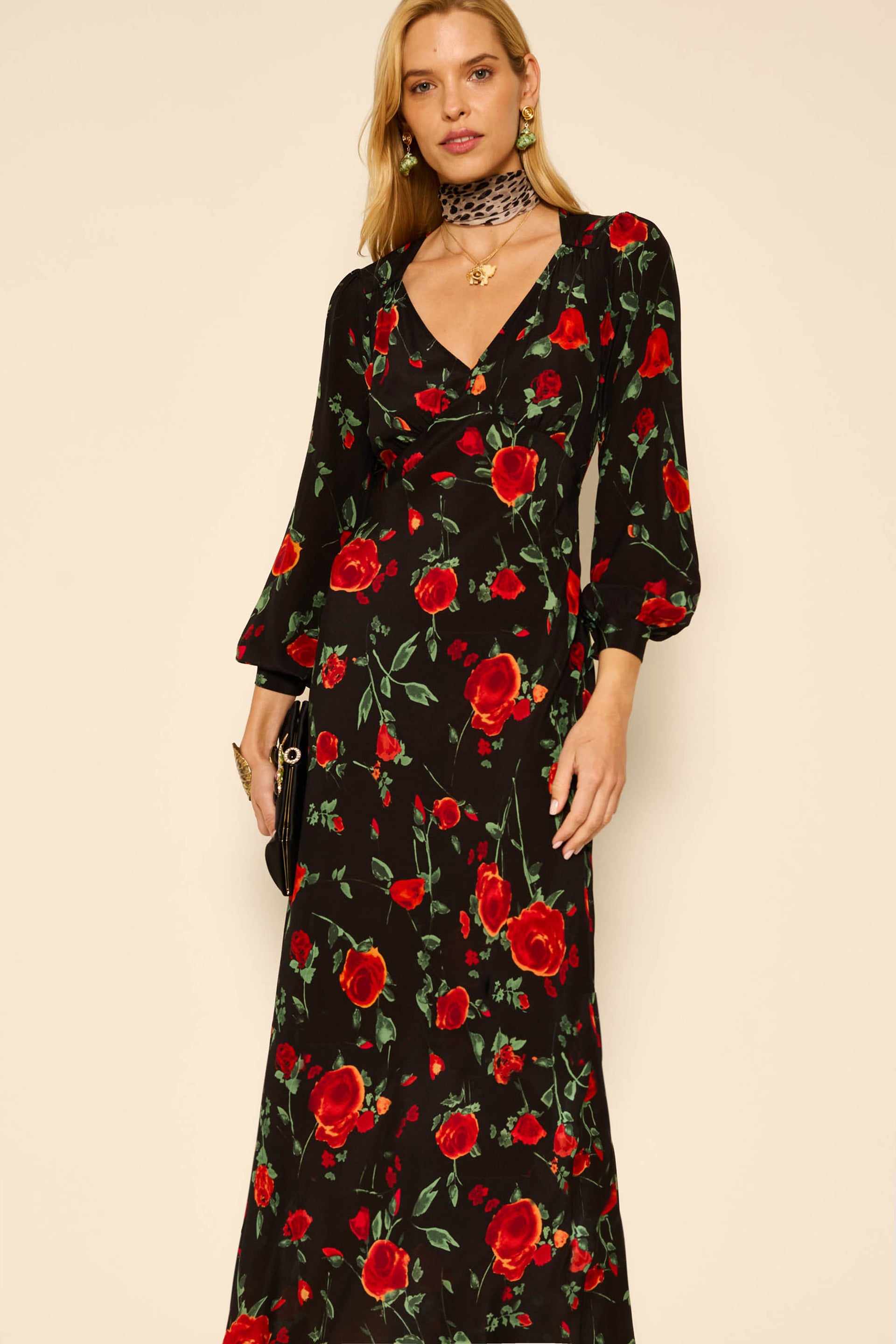 Mavis Silk Midi Dress in Claudia Rose Black | RIXO USA Mavis Silk Midi Dress in Claudia Rose Black | RIXO USA