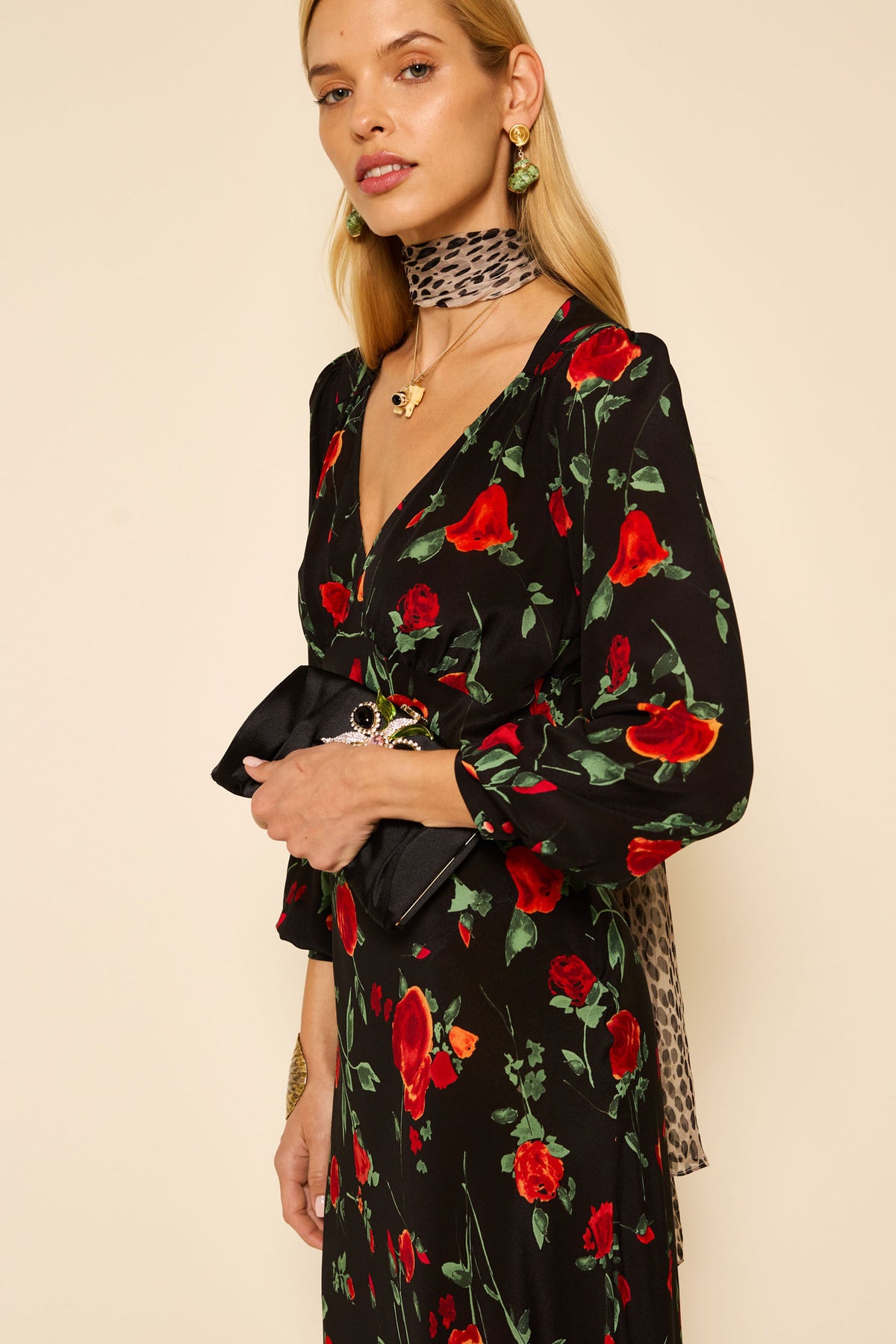 Mavis Silk Midi Dress in Claudia Rose Black Mavis Silk Midi Dress in Claudia Rose Black