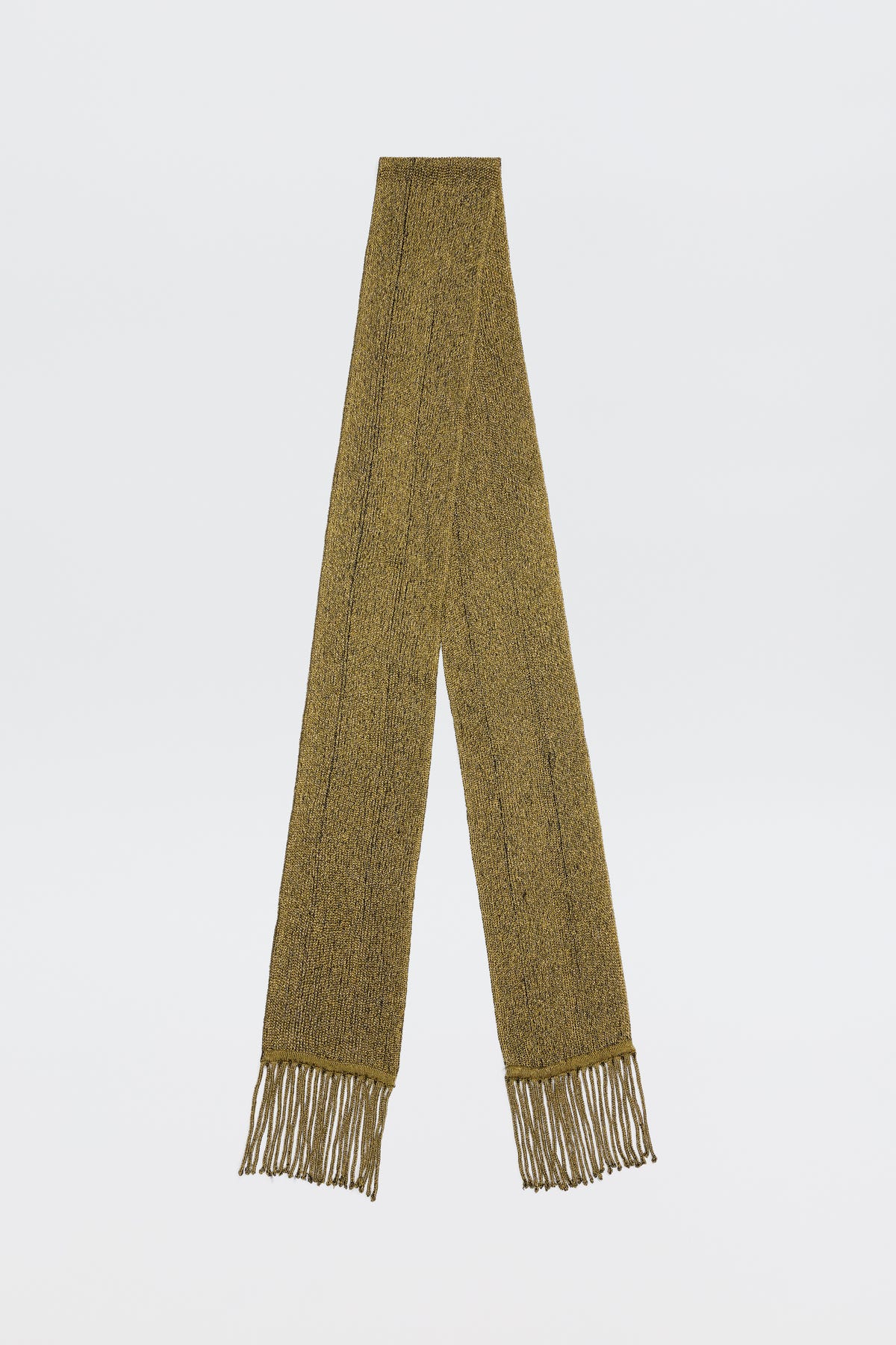 The Channing - Gold is a long, textured, vintage-inspired olive green scarf with thin fringe on both ends, displayed flat against a plain white background.