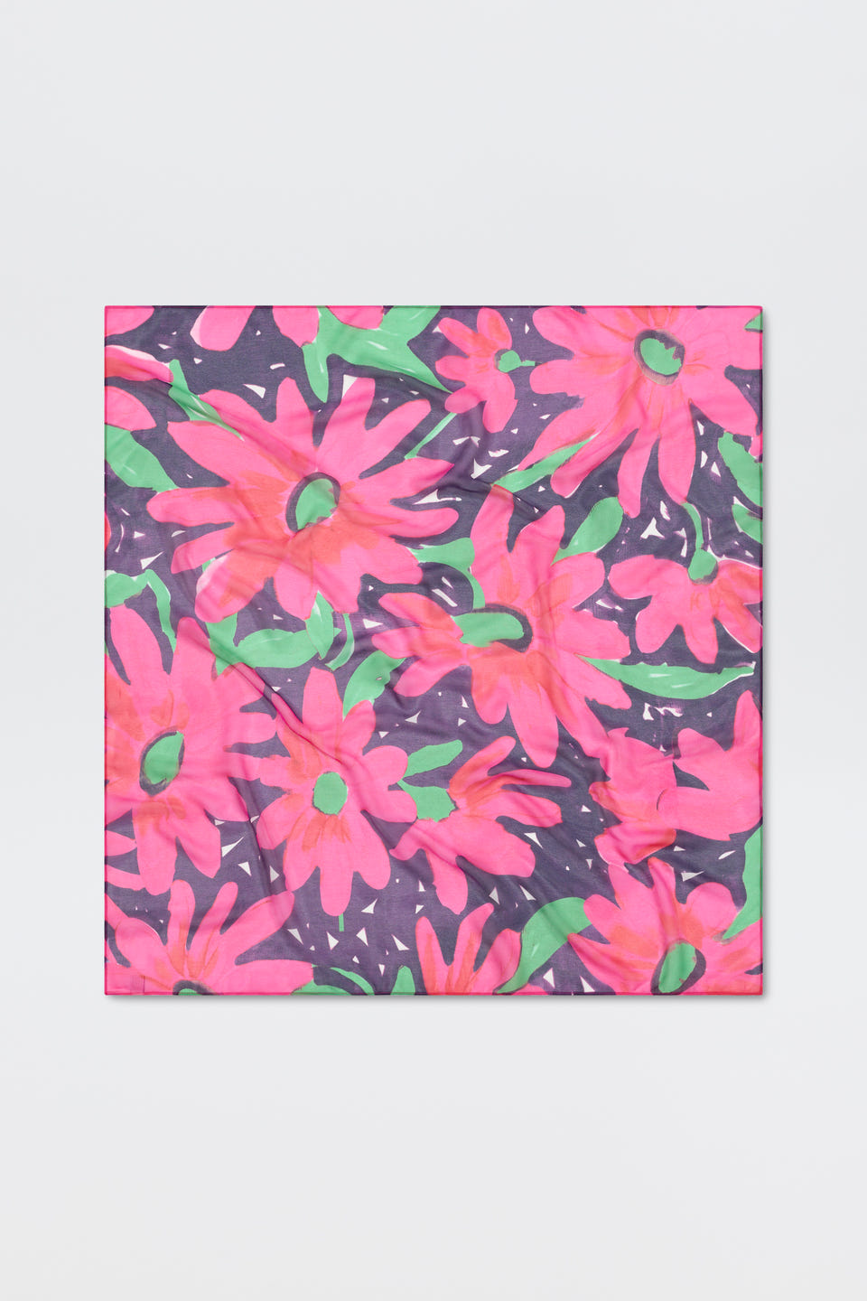 The Menno - Danish Floral is a square scarf with a bold pattern of large, bright pink flowers with green centers and leaves on a dark purple background, accented by small white details.