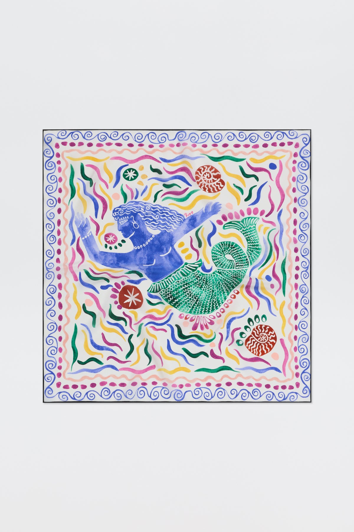 A vibrant square artwork, Menno - Mythos Iris Ivory, showcases a blue and green mermaid with wavy lines, abstract florals, and decorative borders in purple, pink, yellow, red, and green on an ivory background.