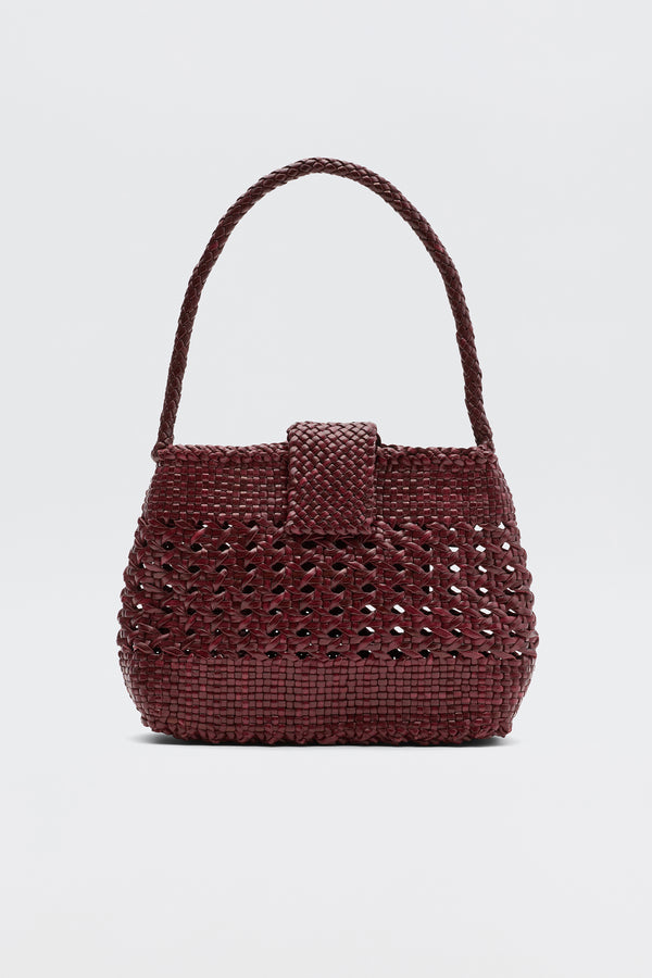 A small, dark red Amoria - Bordeaux bag with a single top handle and flap closure is displayed against a plain white background.