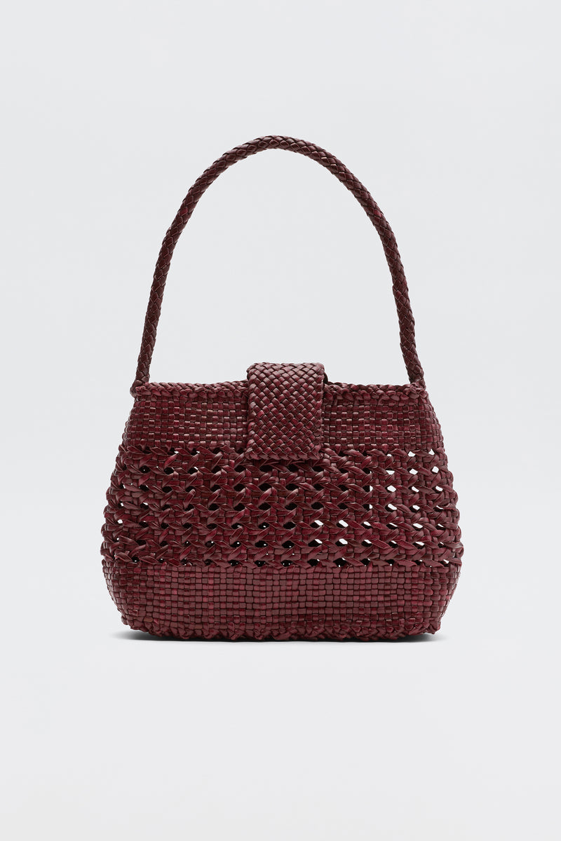 A small, dark red Amoria - Bordeaux bag with a single top handle and flap closure is displayed against a plain white background.