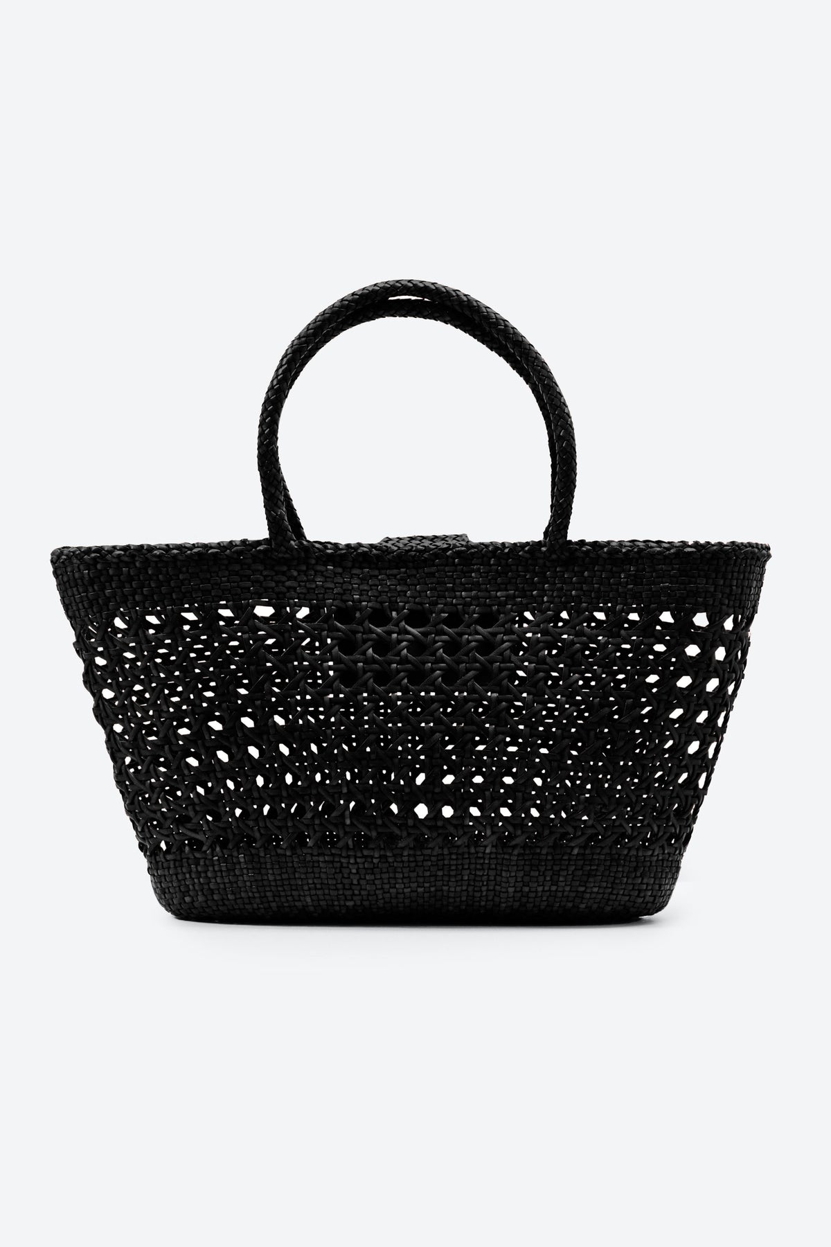 Black woven handbag on a white background