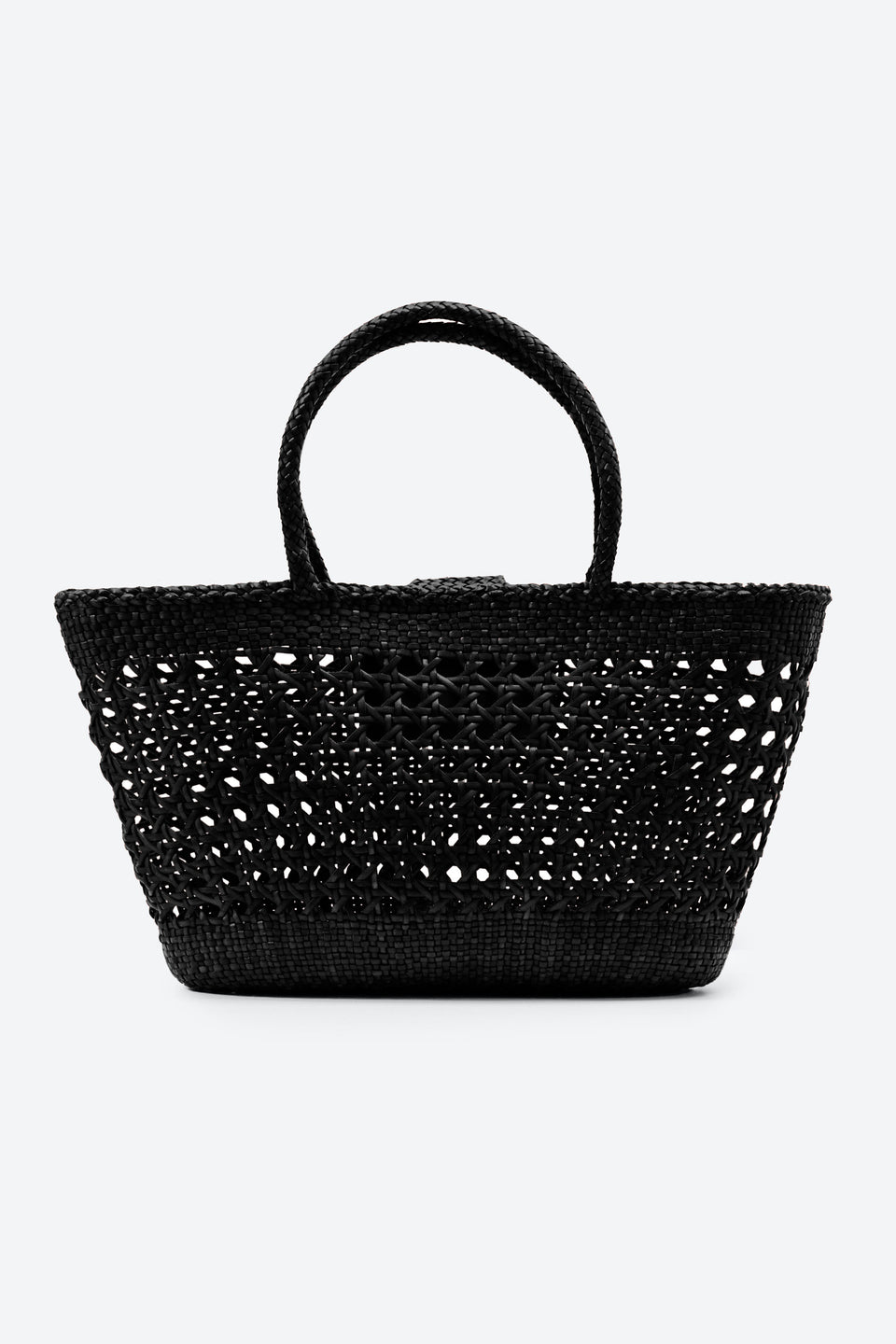 Black woven handbag on a white background