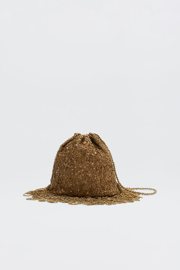 Orla - Vintage Scatter Embellishment Gold: a small gold beaded drawstring pouch with braided shoulder strap and decorative beaded fringe at the base, shown against a plain white background.
