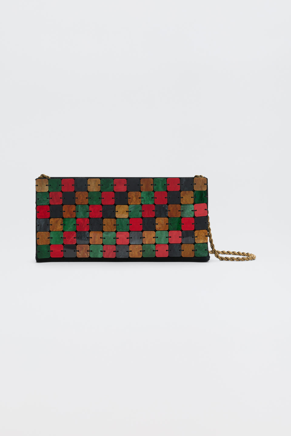 Gracelyn - Multi rectangular clutch bag covered in a grid of multicolored square tiles with a gold chain strap.