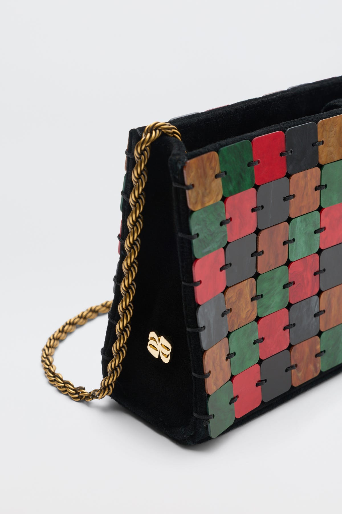 Gracelyn - Multi black shoulder bag with a gold chain strap, featuring a grid of multicolored square tiles on the side.