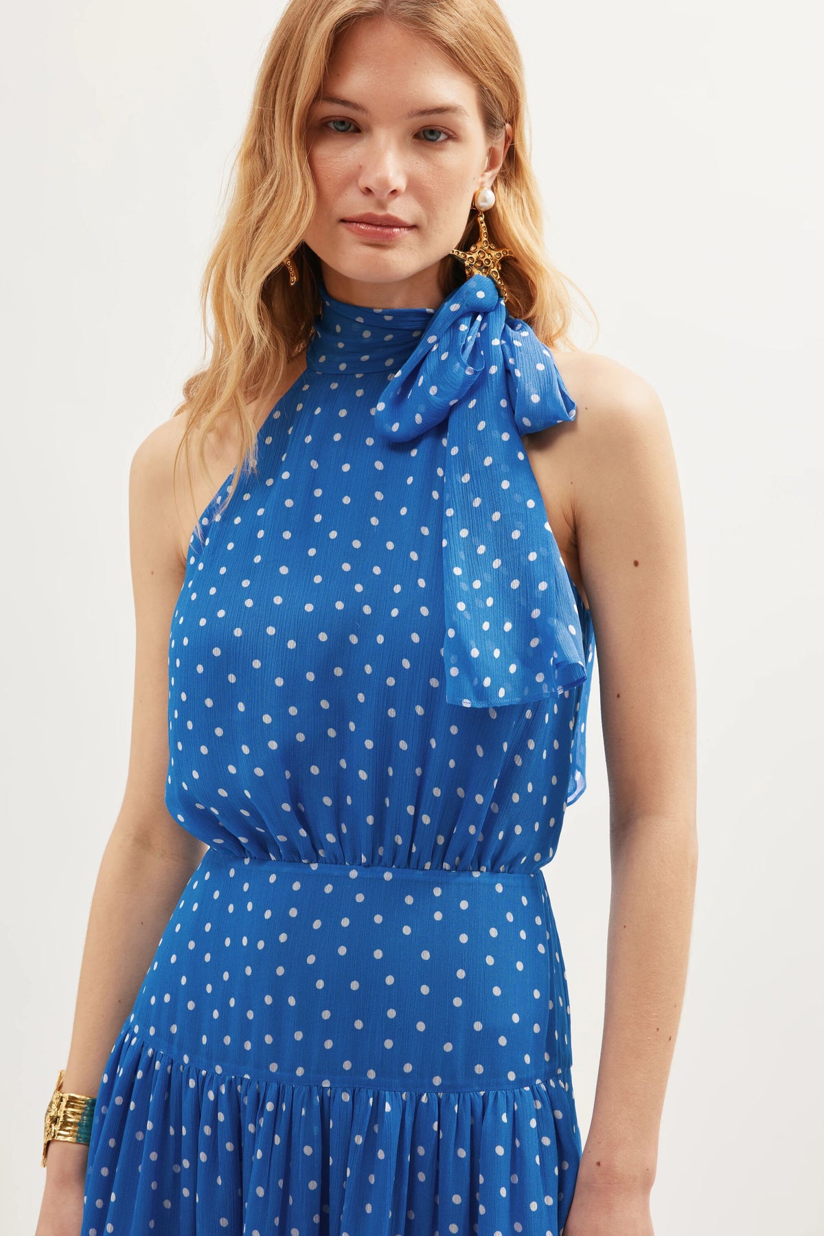 Abi Chiffon Midi Dress in Layla Dot Blue | RIXO USA Abi Chiffon Midi Dress in Layla Dot Blue | RIXO USA