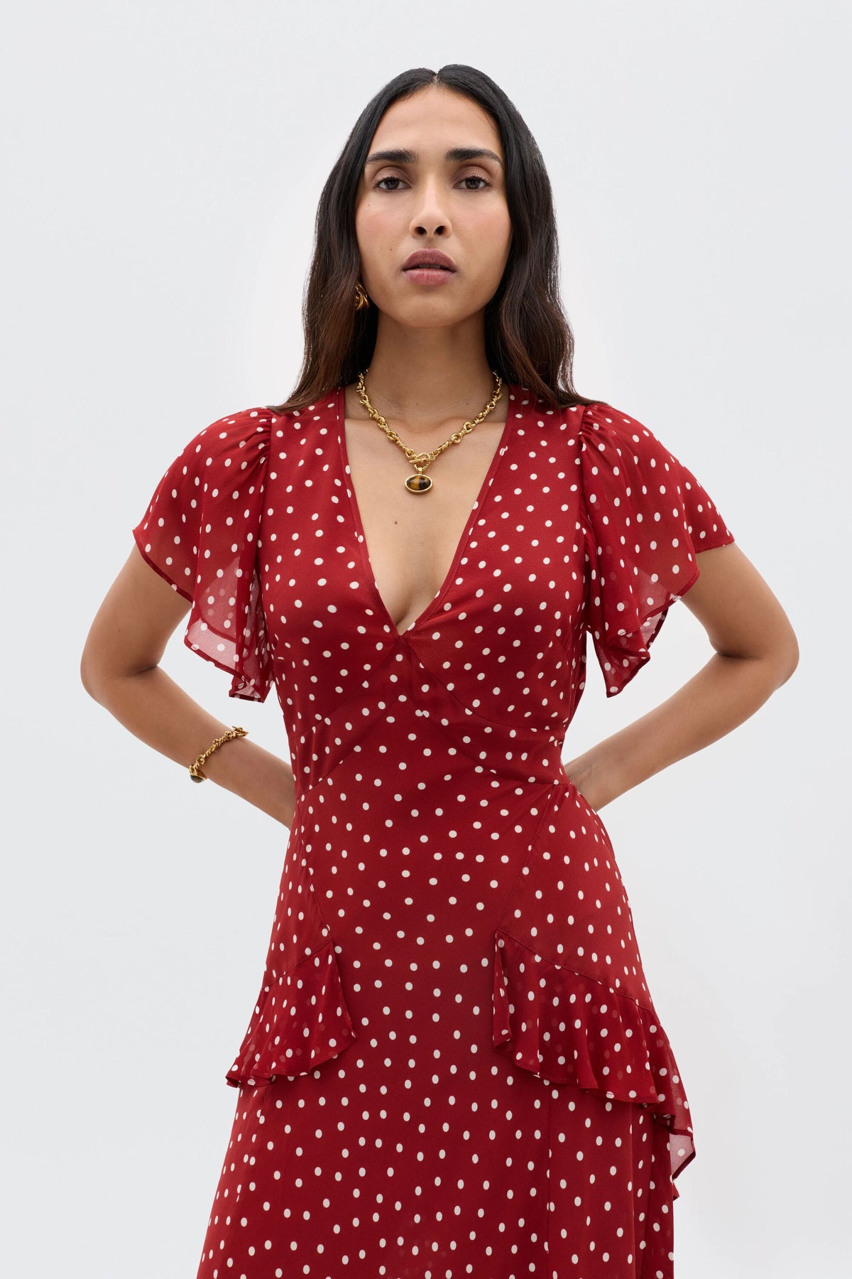 Evie Silk Midi Dress in Layla Dot Red | RIXO USA Evie Silk Midi Dress in Layla Dot Red | RIXO USA
