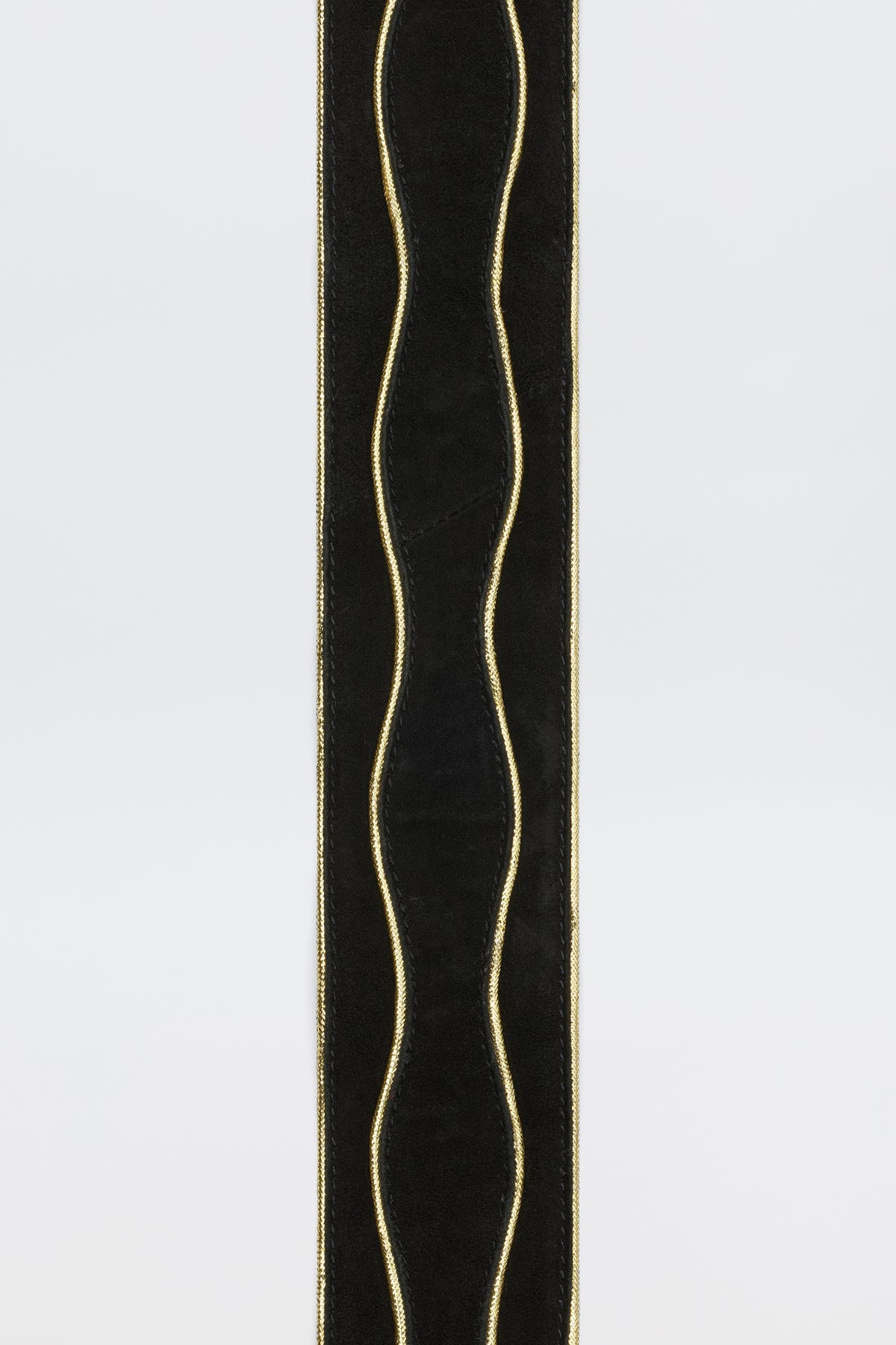 Catalina - Black and Gold: A black velvet ribbon with three parallel wavy gold lines, braided gold trim, and thin gold edges on both sides, displayed on a plain white background.