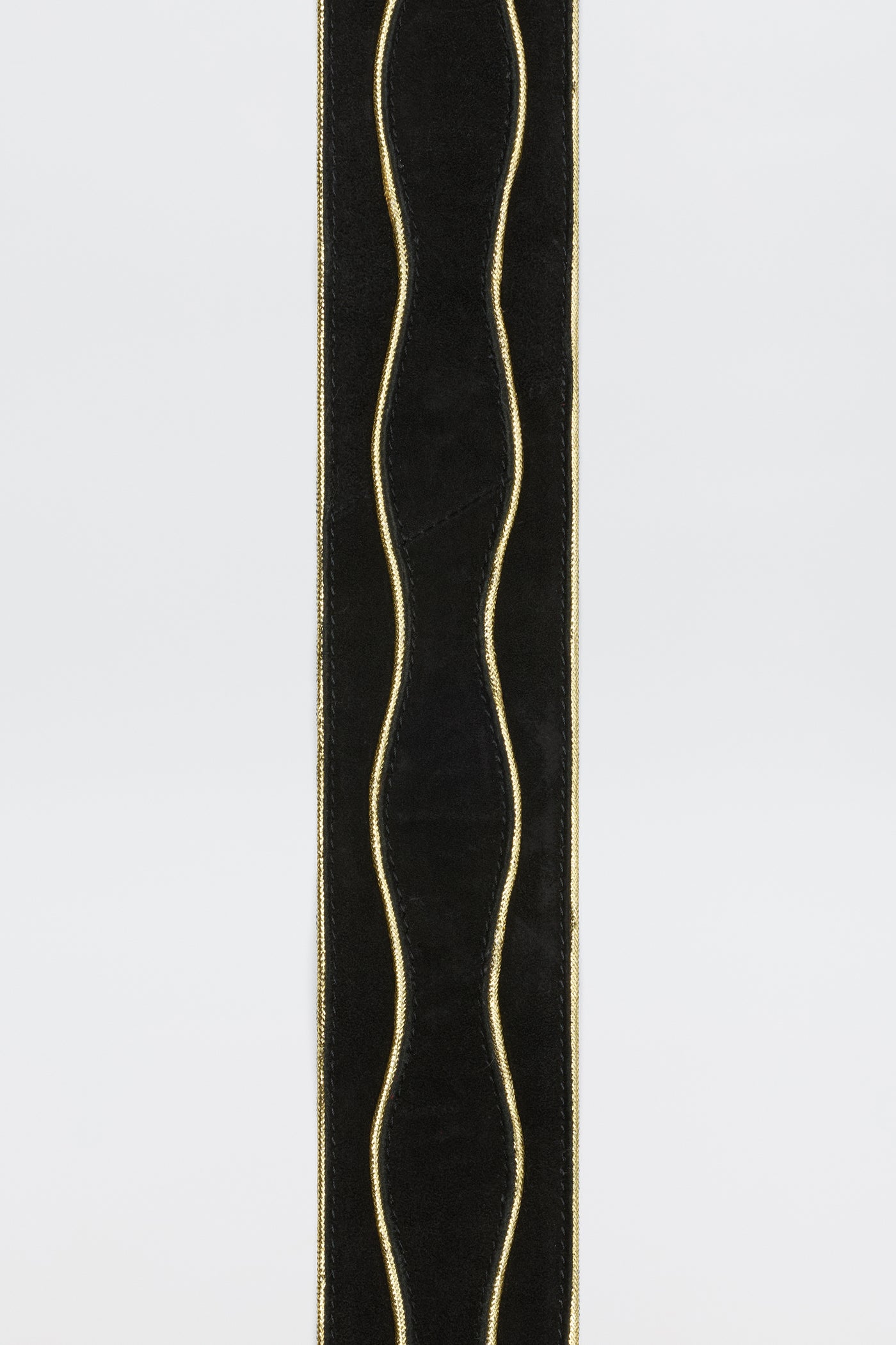 Catalina - Black and Gold: A black velvet ribbon with three parallel wavy gold lines, braided gold trim, and thin gold edges on both sides, displayed on a plain white background.