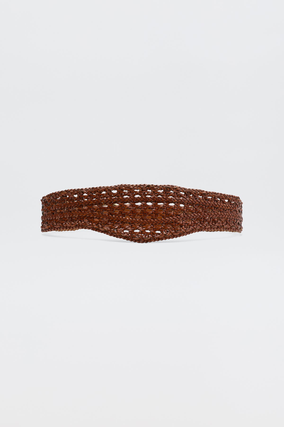 The Roxella - Tan belt, featuring a wide design and intricate open-weave pattern in brown, is displayed against a plain white background.