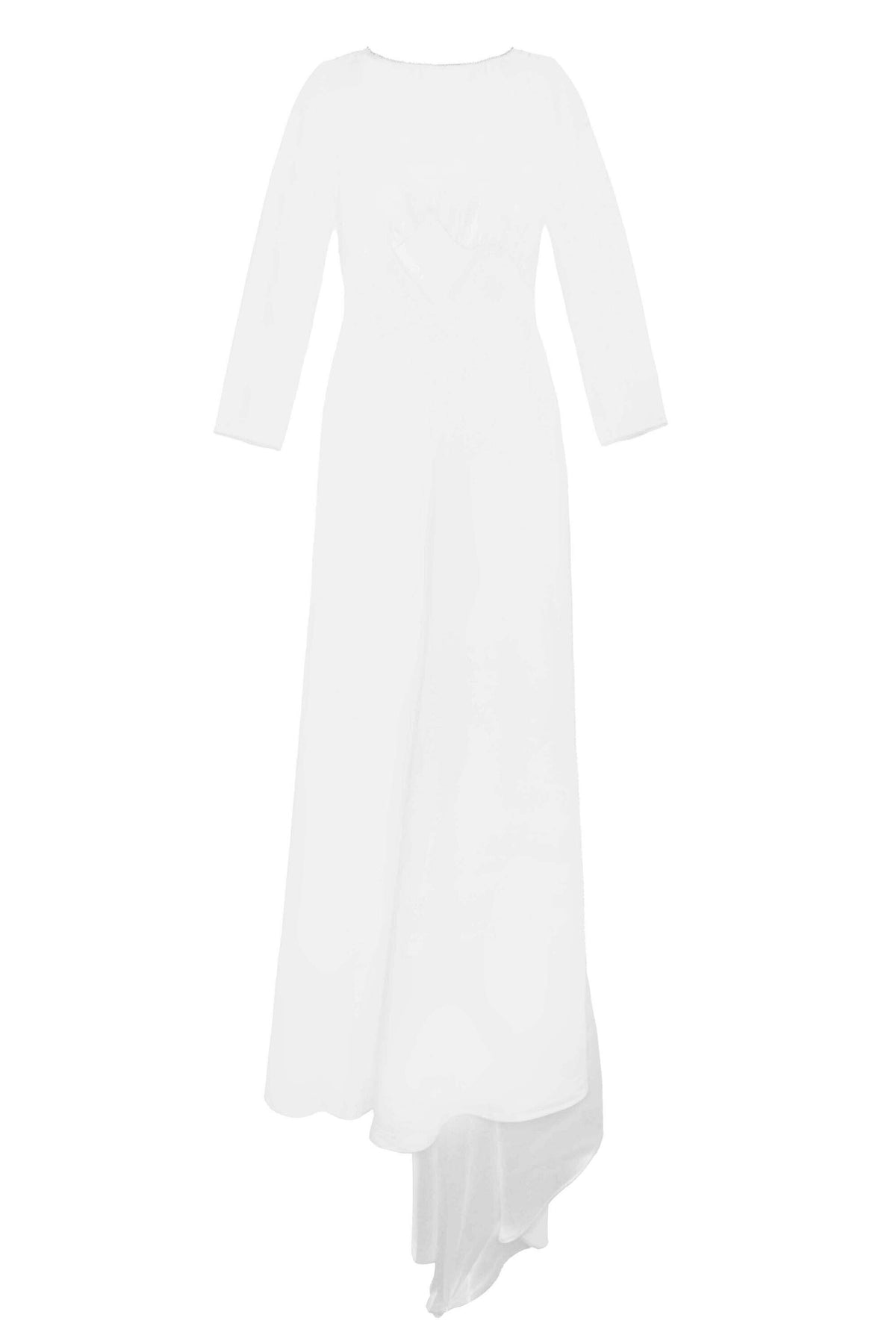 The Cesca - Ivory is a vintage-inspired ivory silk gown with long sleeves, a fitted bodice, slightly flared skirt, asymmetrical hemline, and an elegant satin train.