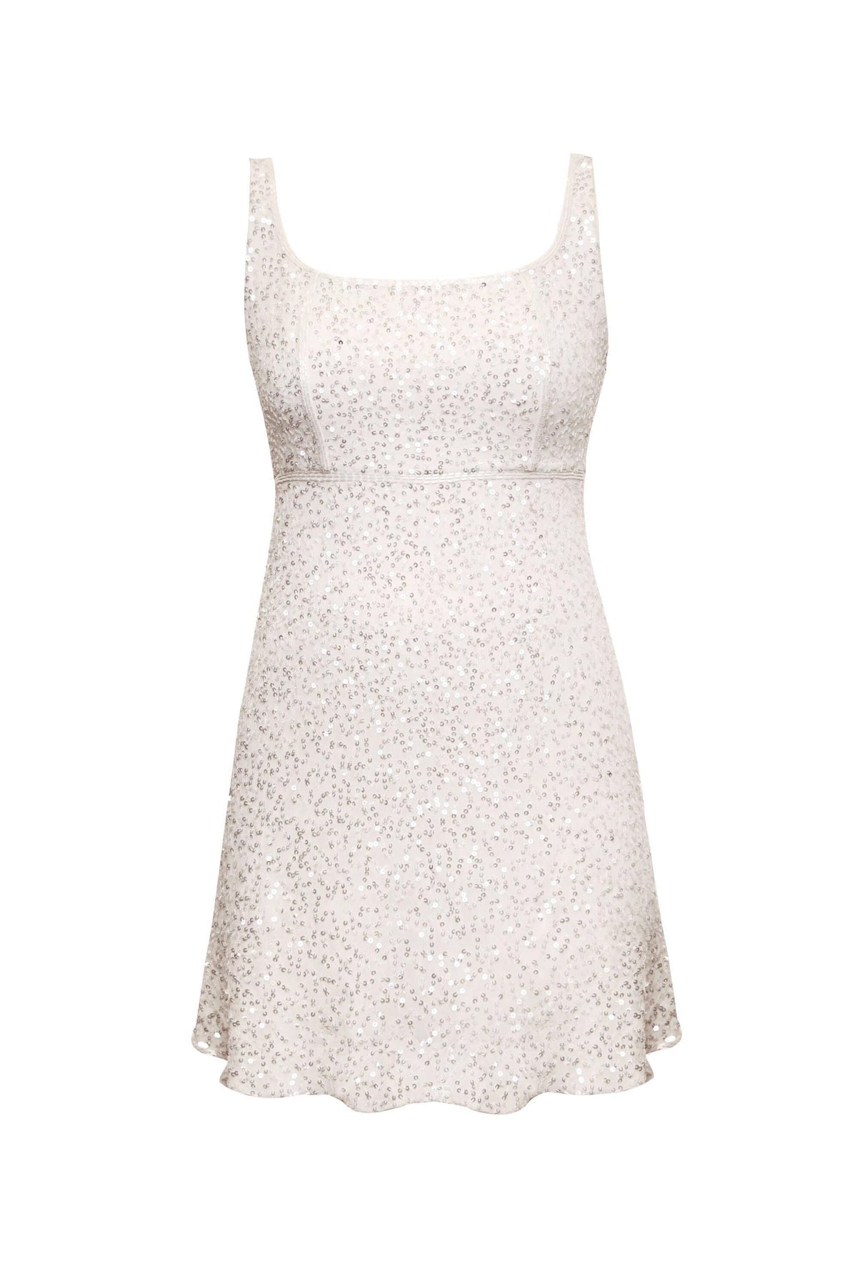 The ronan - squiggle sequin ivory is a sleeveless, ivory mini dress featuring a scoop neckline, fitted waist, and shimmering squiggle sequin embellishments throughout.