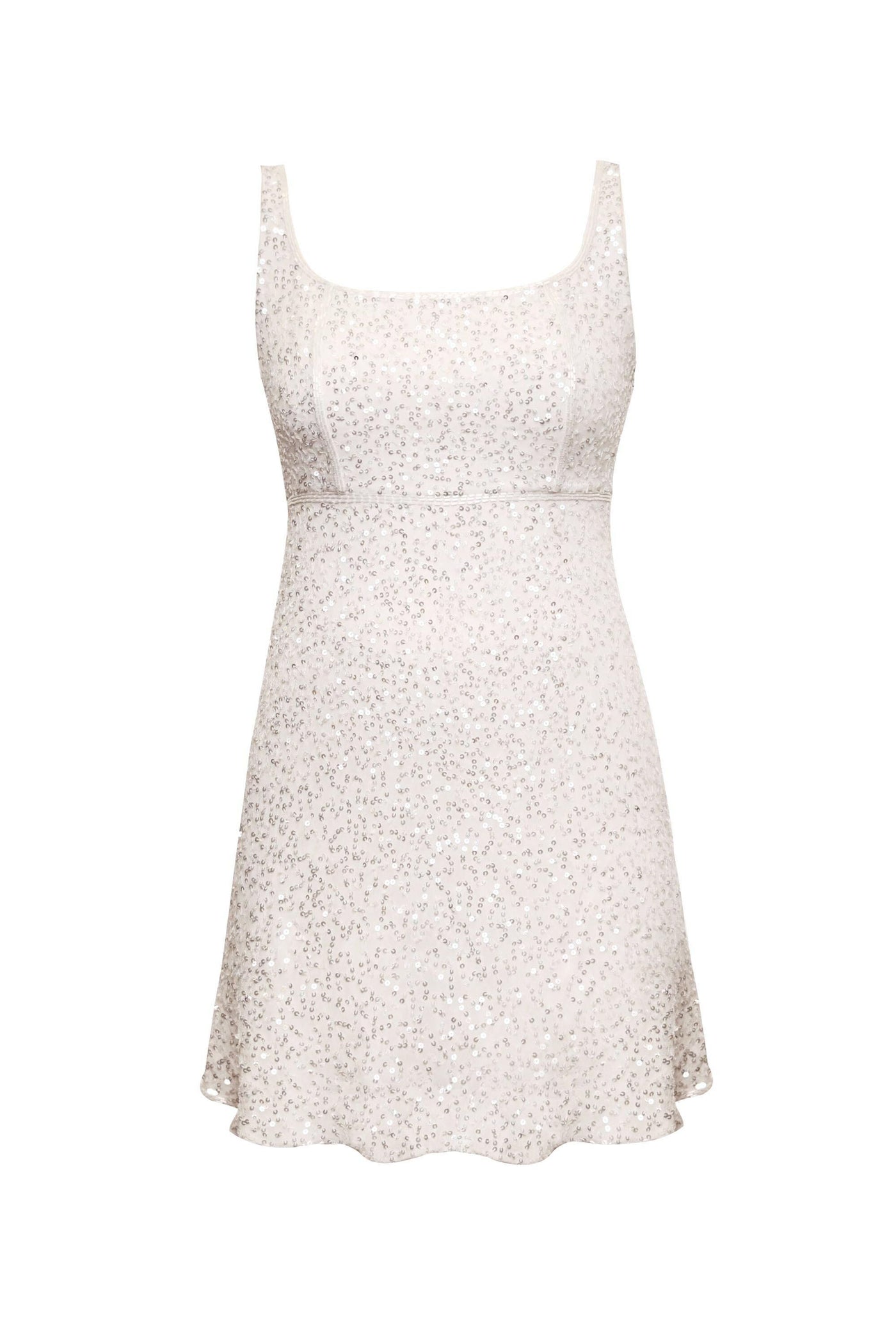 The ronan - squiggle sequin ivory is a sleeveless, ivory mini dress featuring a scoop neckline, fitted waist, and shimmering squiggle sequin embellishments throughout.
