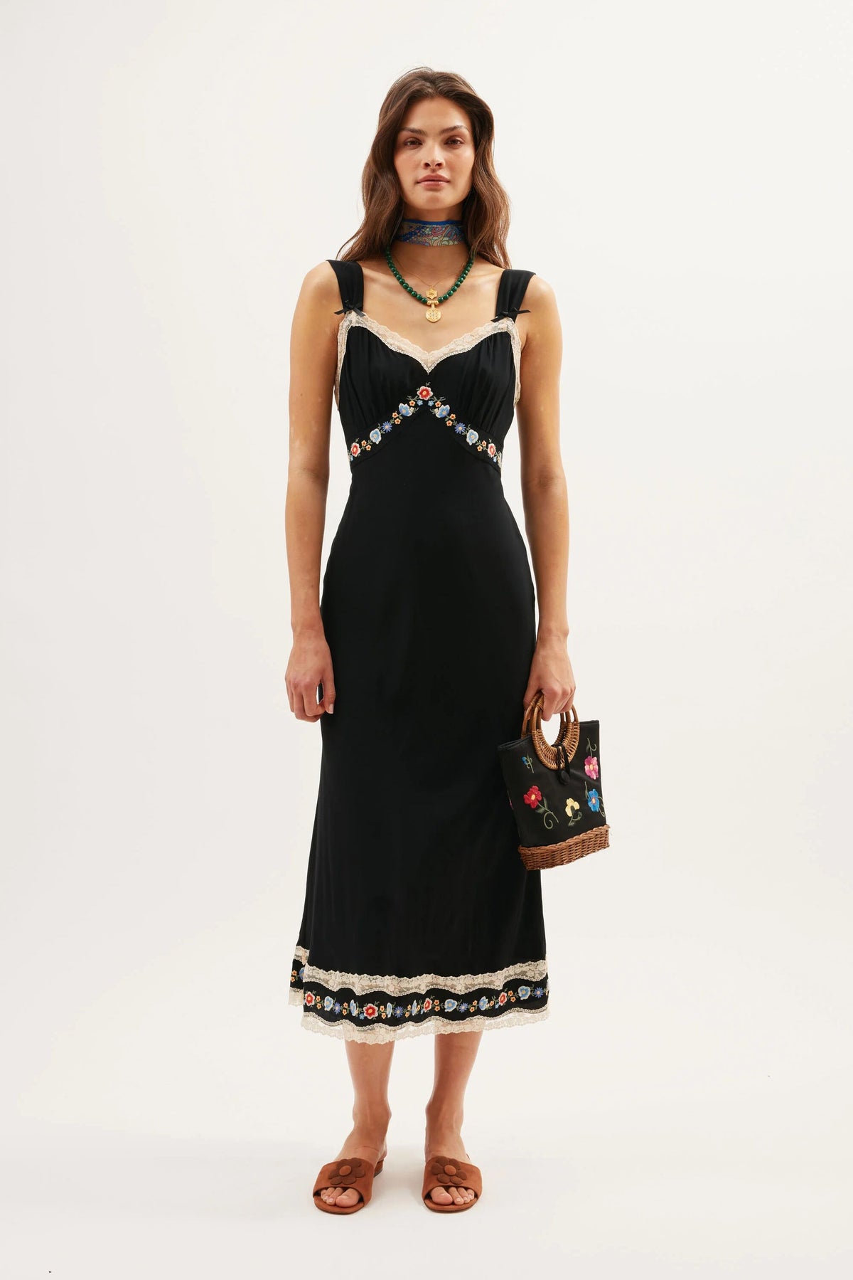 Lucie Midi Dress in Bloom Embroidery Black | RIXO USA Lucie Midi Dress in Bloom Embroidery Black | RIXO USA