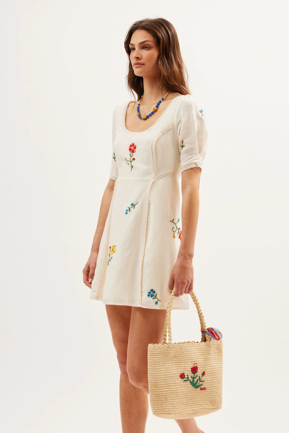 Marne Linen Mini Dress in Ombre Floral Embroidery Cream | RIXO USA Marne Linen Mini Dress in Ombre Floral Embroidery Cream | RIXO USA