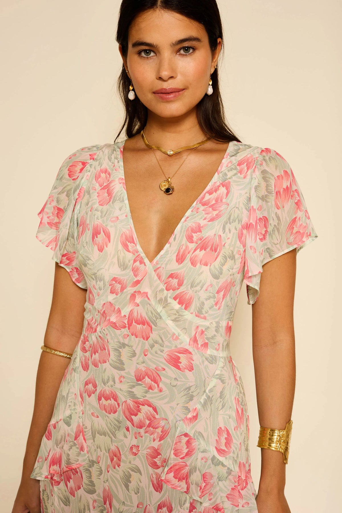 Evie Silk Dress in Pink Tulip Fields Coral | RIXO Evie Silk Dress in Pink Tulip Fields Coral | RIXO