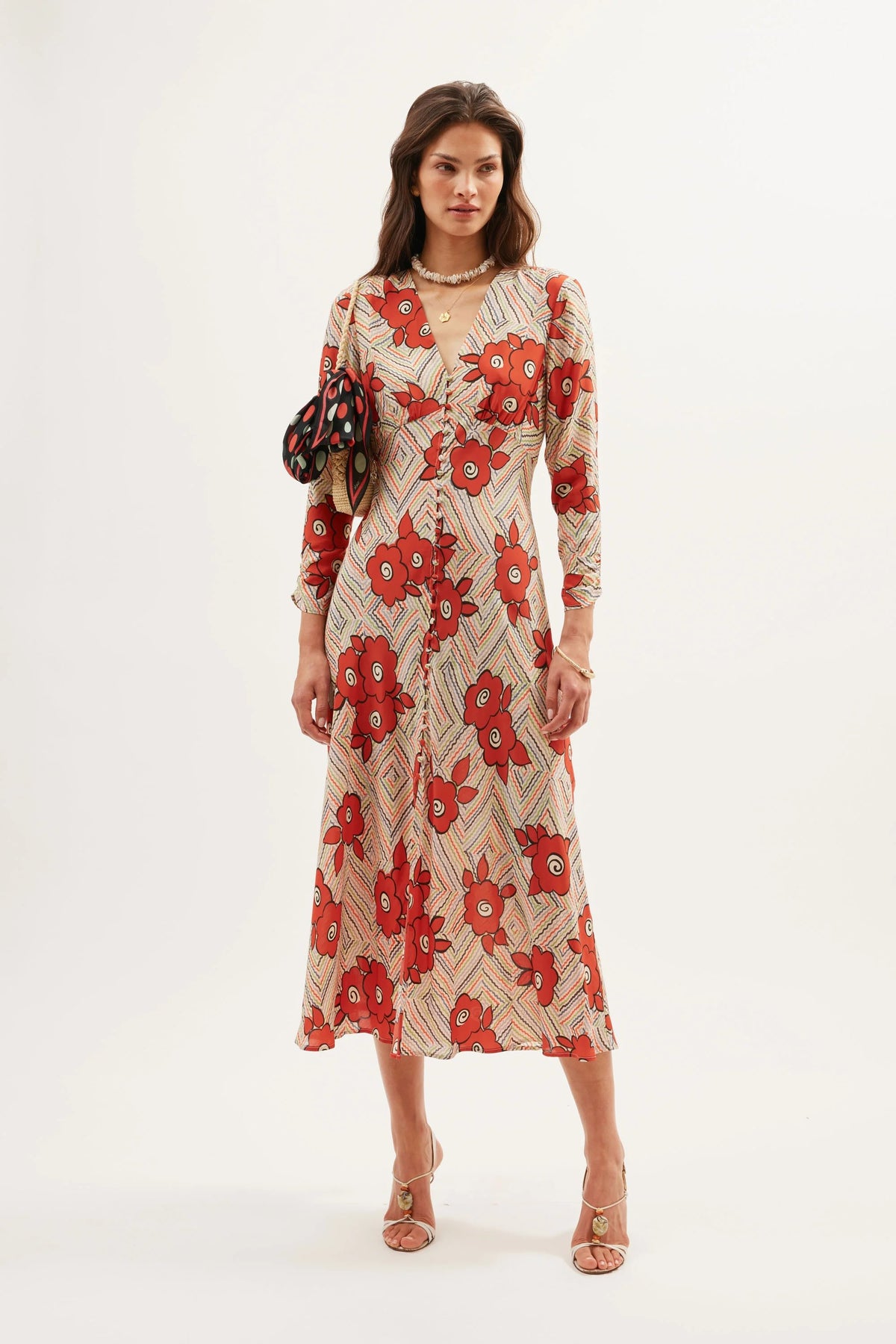 Katie Midi Dress in Red Milos Floral Cream | RIXO USA Katie Midi Dress in Red Milos Floral Cream | RIXO USA