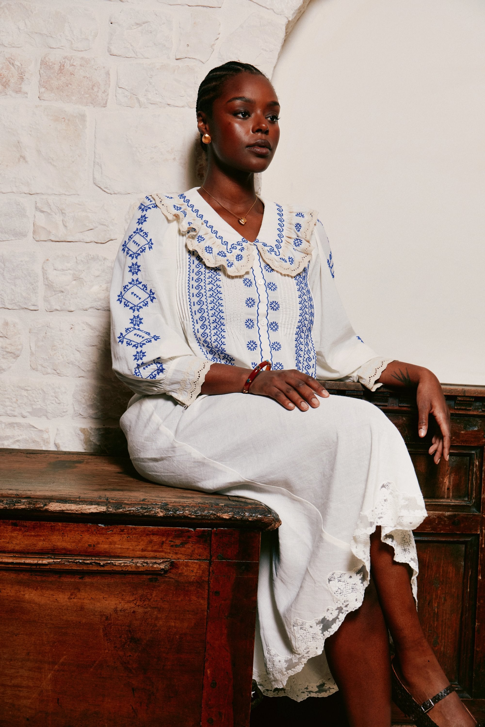 Percy Cotton Blouse in White Mila Embroidery Cream | RIXO USA ⋆