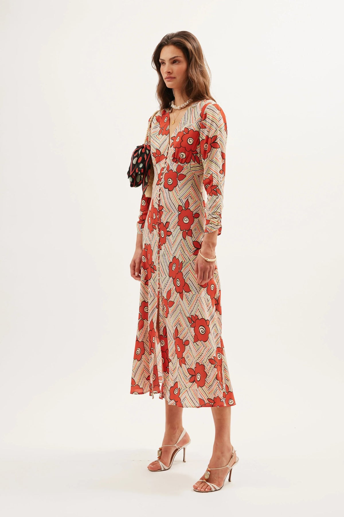 Katie Midi Dress in Red Milos Floral Cream | RIXO USA Katie Midi Dress in Red Milos Floral Cream | RIXO USA