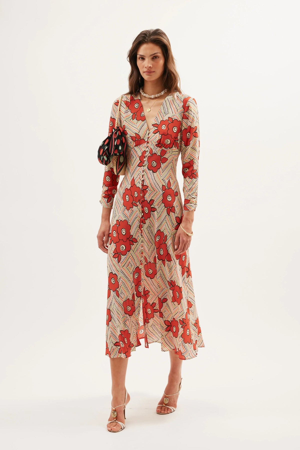Katie Midi Dress in Red Milos Floral Cream | RIXO USA Katie Midi Dress in Red Milos Floral Cream | RIXO USA