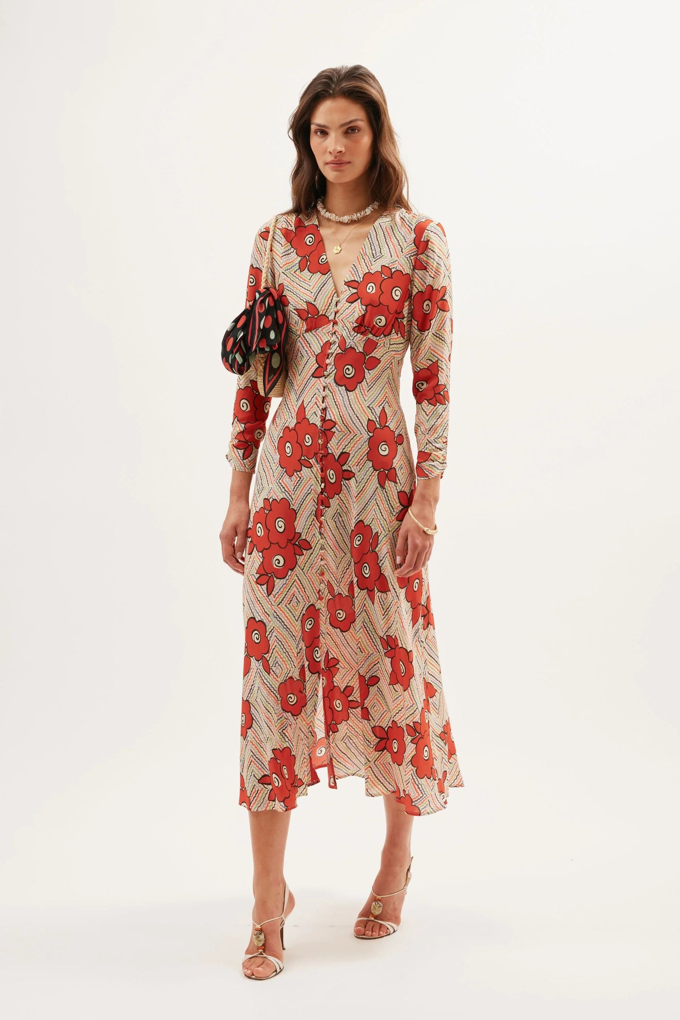 Katie Midi Dress in Red Milos Floral Cream | RIXO USA